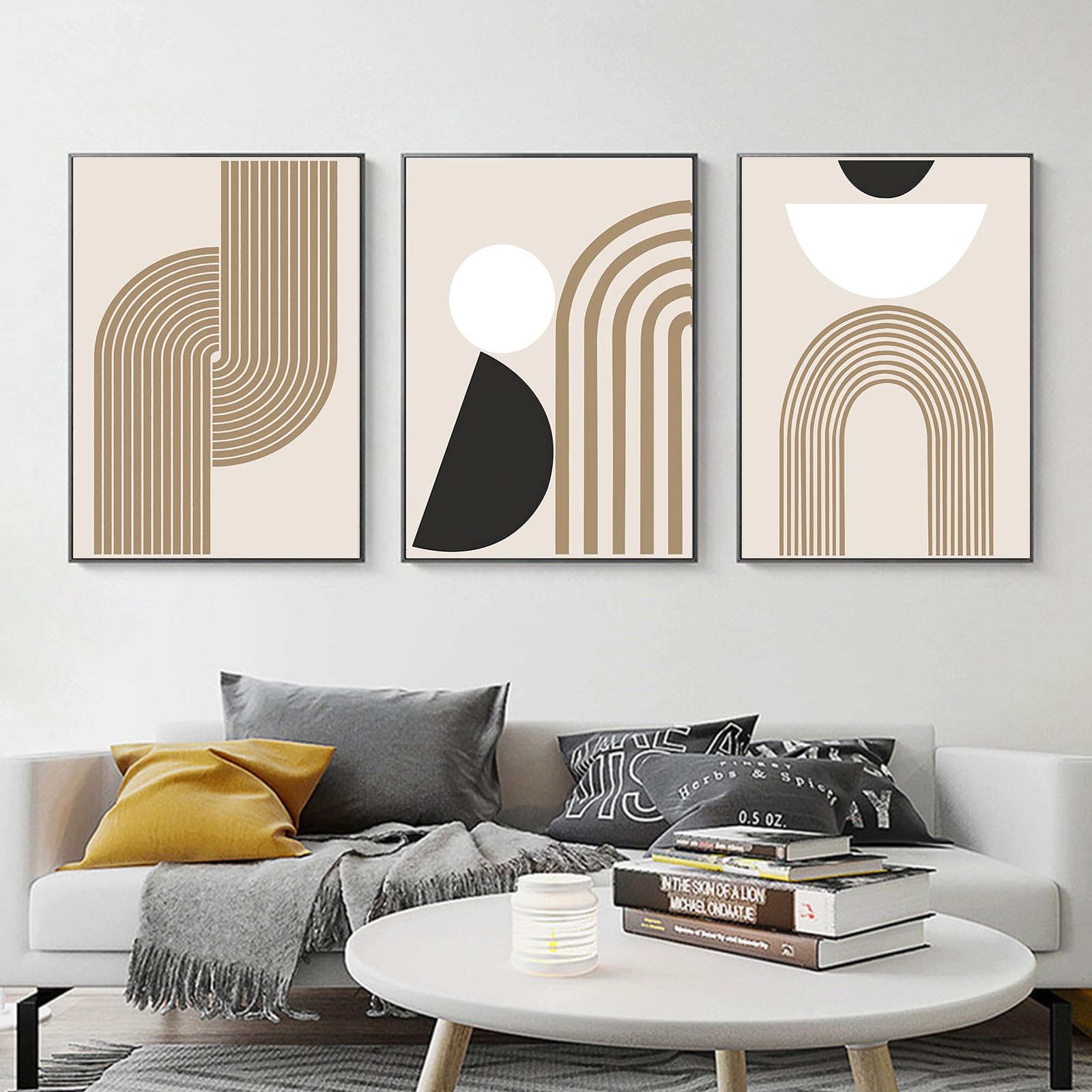 FSZSEES Boho Wall Art Prints Set of 3 Minimalist Geometric Line Art Abstract Mid Century Black Beige Boho Canvas Painting Modern Poster Wall Decor