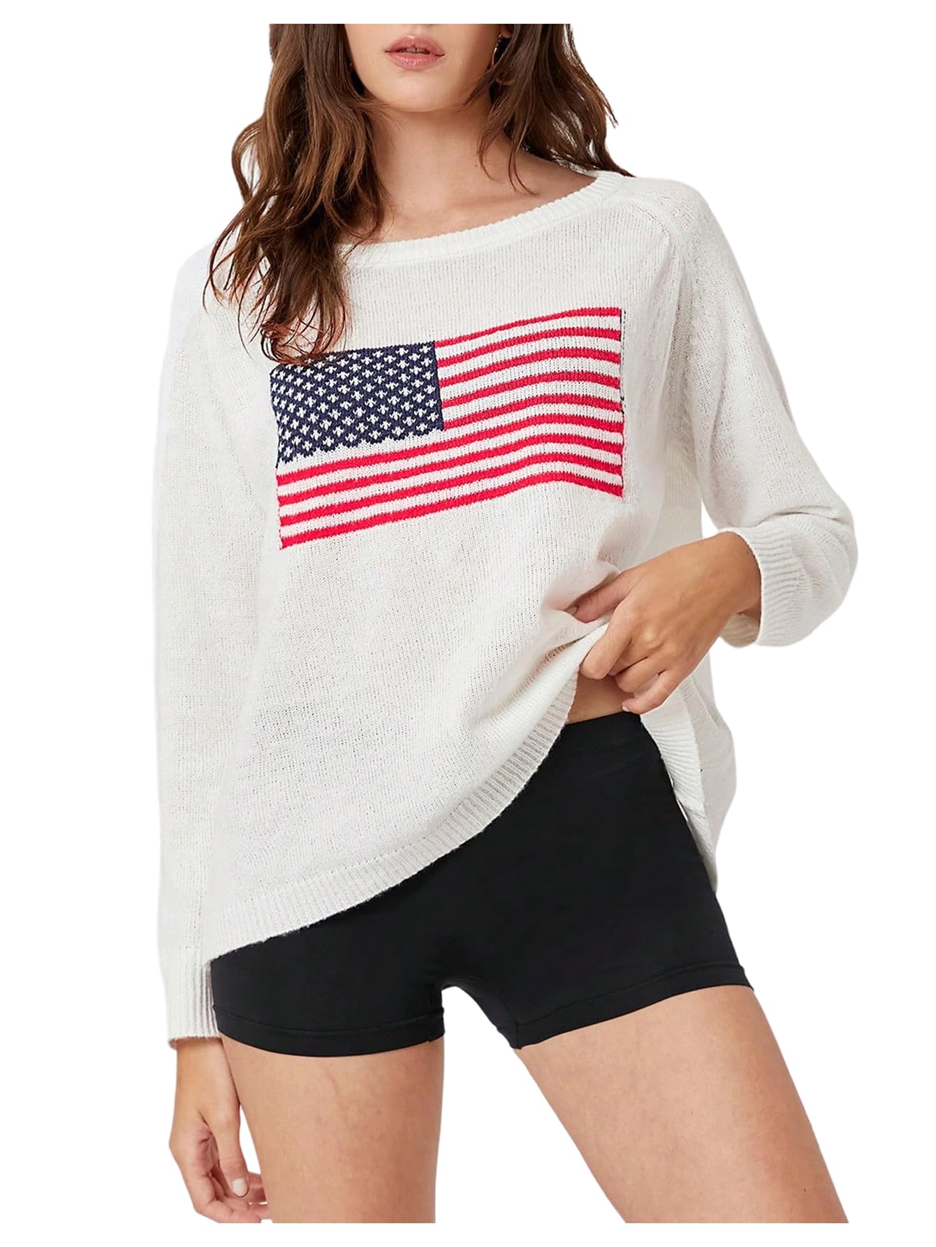 Floerns Womens Flag Print Long Sleeve Sweater Crew Neck Knitted Oversized Pullover Top