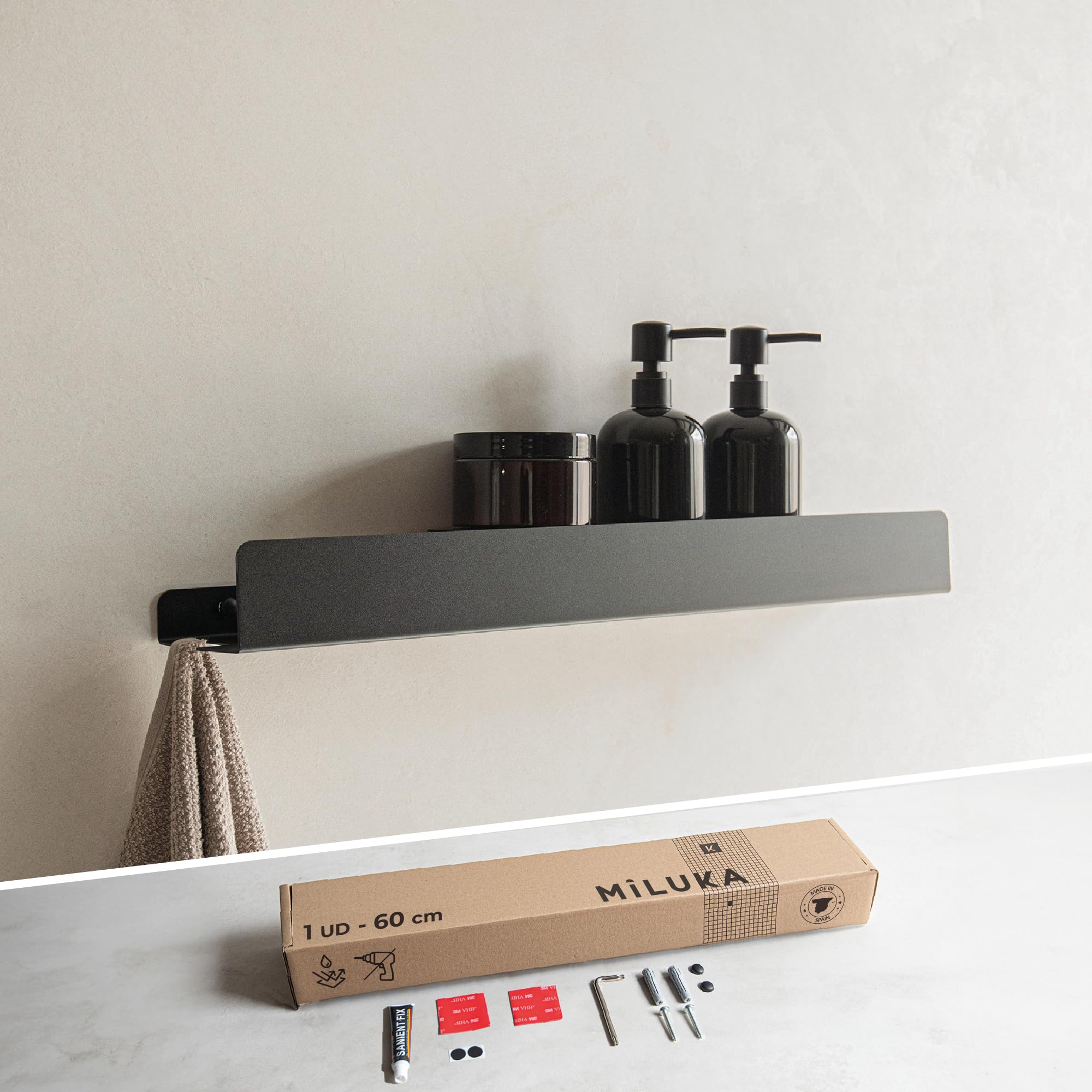 MILUKA Set 2 Mensole Doccia Senza Foratura 30cm, Adesiva in Alluminio Nero | Porta Bagnoschiuma da Doccia Antiruggine, Accessori bagno porta sapone per doccia, Montaggio con Viti o Senza Forare