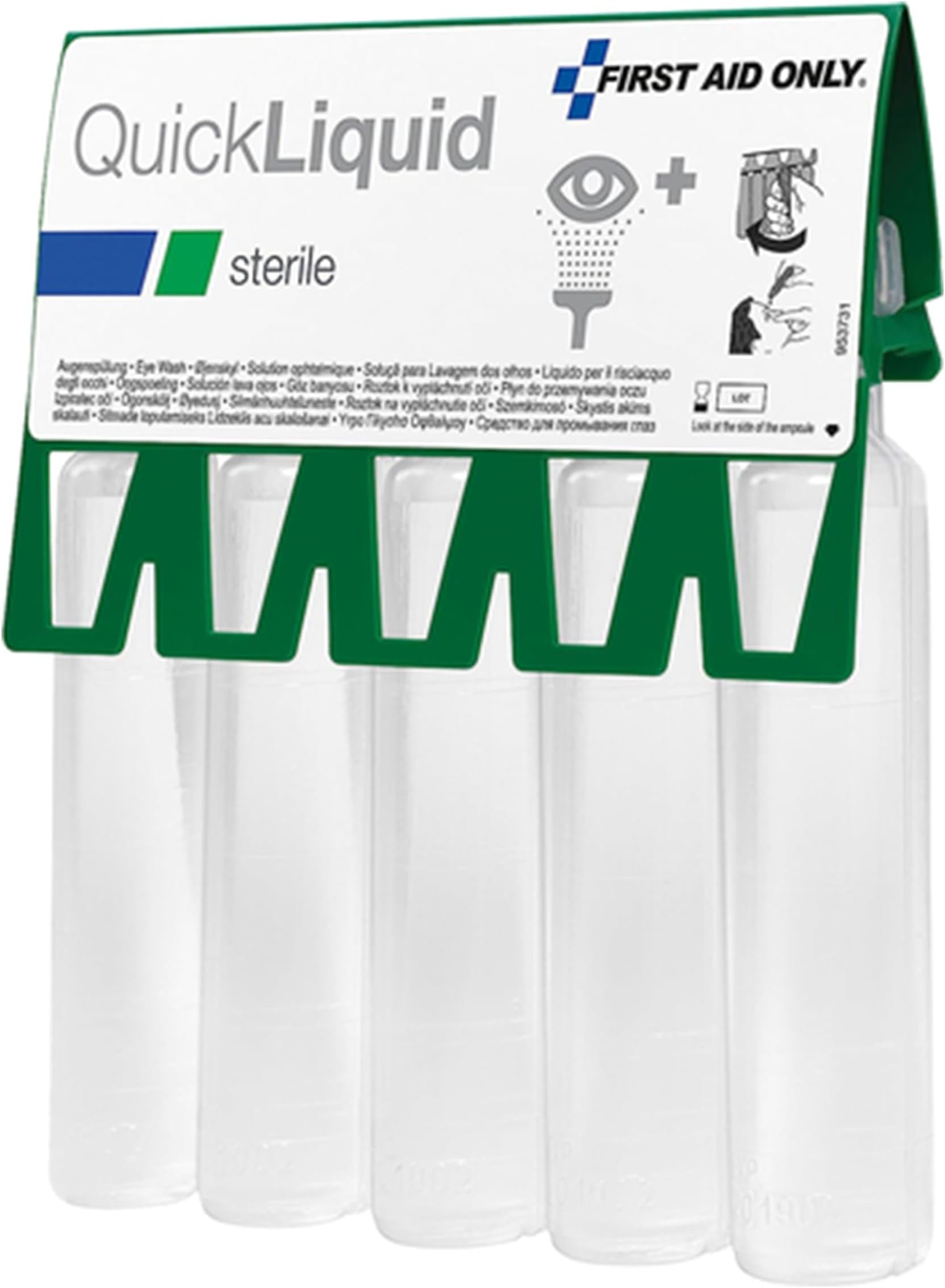 First Aid Only QuickLiquid Eyewash Solution (5 x 20 ml) Sterile 0.9% Saline Solution as Emergency Eye Wash | Pack of 5 20 ml Sodium Chloride Eye Wash Bottle for First Aid | P-44009 00