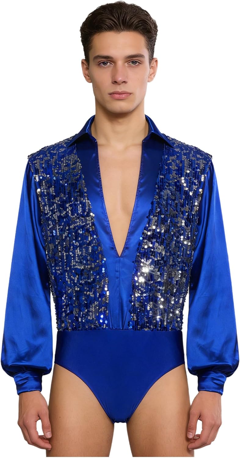 Hularka Men's Glittery Sequin Latin Dance Leotard Shirt Long Sleeves Buttoned Crotch Ballet Leotard Gymnastics Bodysuit
