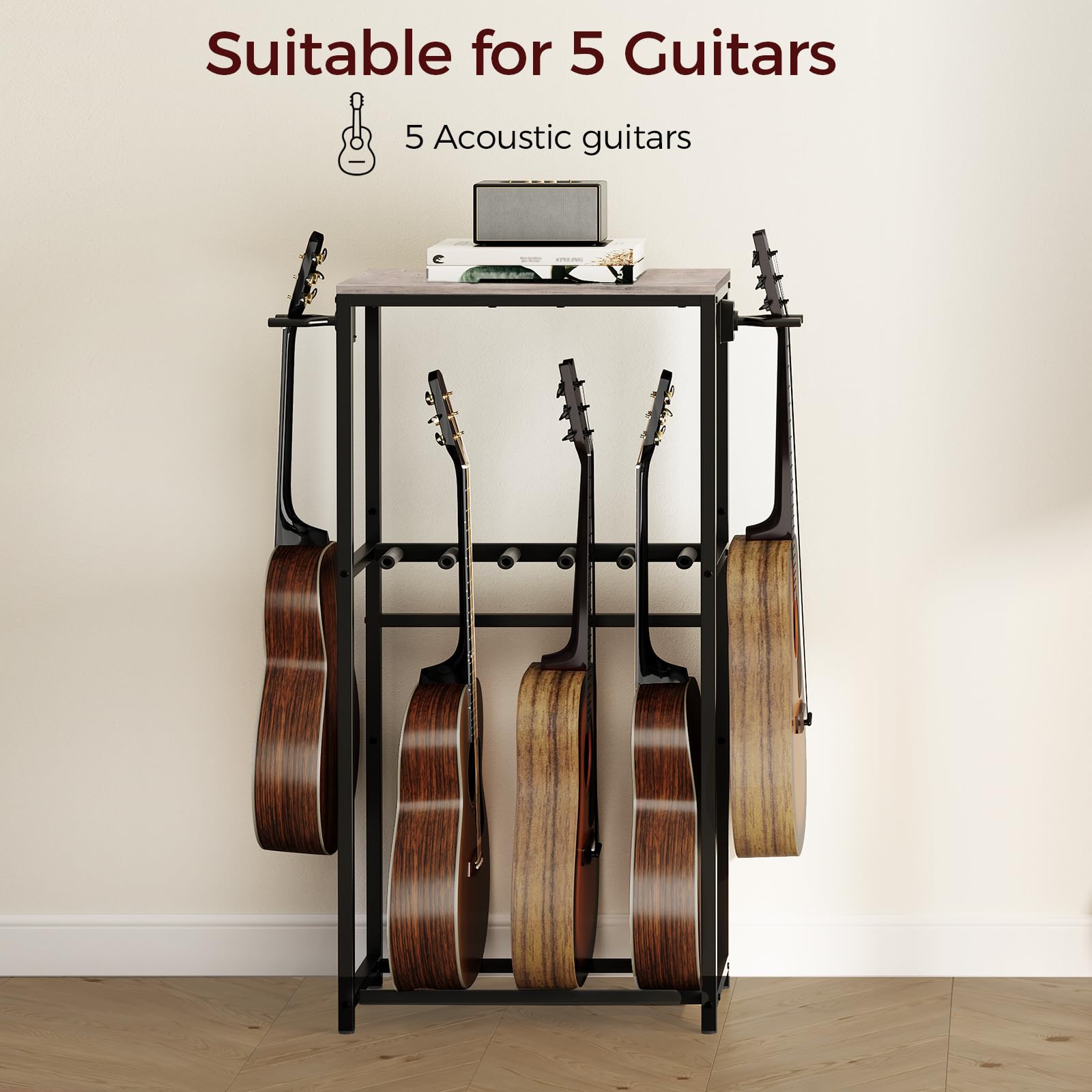 MAHANCRIS Support de Guitare, Stand Guitare à 2 Niveaux pour 5 Guitares, Idéal pour Entreposer Guitare Acoustique, Basse, Ukulélé, Tourne-Disque, Enveloppé de Mousse EVA, Gris AGSHG6501