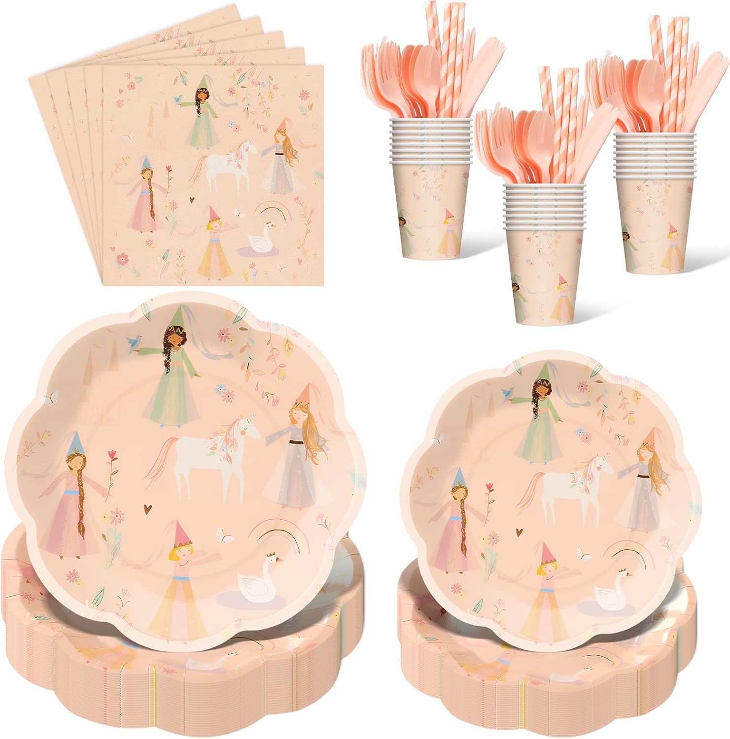Yungyan 170 Pcs Princess Party Supplies Kit Pink Fairytale Disposable Tableware Set Include Plate Cup Utensil Napkin for Princess Birthday Party Baby Shower Decoration, Serve 24 Guests