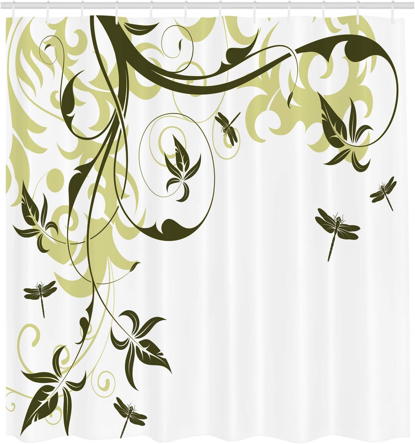 Ambesonne Dragonfly Shower Curtain, Swirled Floral Background Damask Curl Branches and Leaves Print, Cloth Fabric Bathroom Decor Set with Hooks, 70" Long, Olive Green