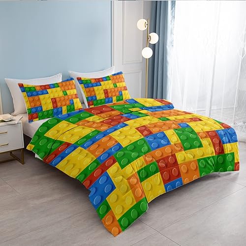 Miniatura 3 de Juego de edredón de juguete colorido California King, amarillo y verde, divertido juego de ropa de cama de bloques de construcción para niños,