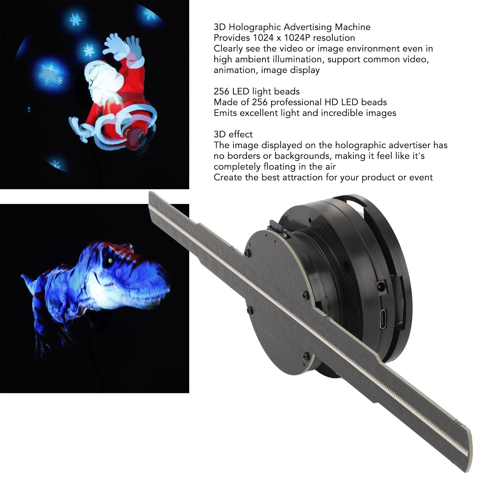 3D Hologram Projector Advertising Display, Professional Hologram Fan for Business Shop, 256 Light Beads High Resolution Supports WiFi APP 3D Advertising Machine (US Plug)