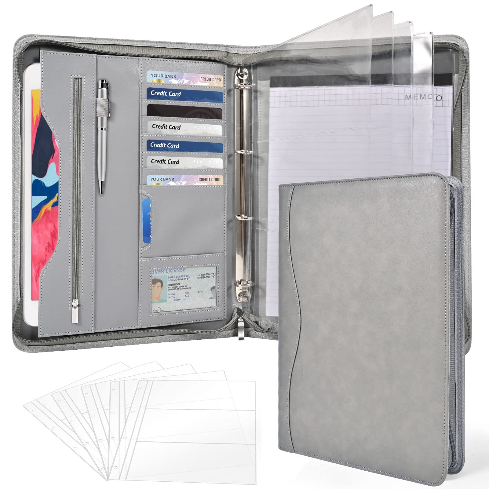 Porte-documents organiseur d'affaires et carnet de notes à anneaux amovibles, classeurs à fermeture éclair pour homme et femme (gris)