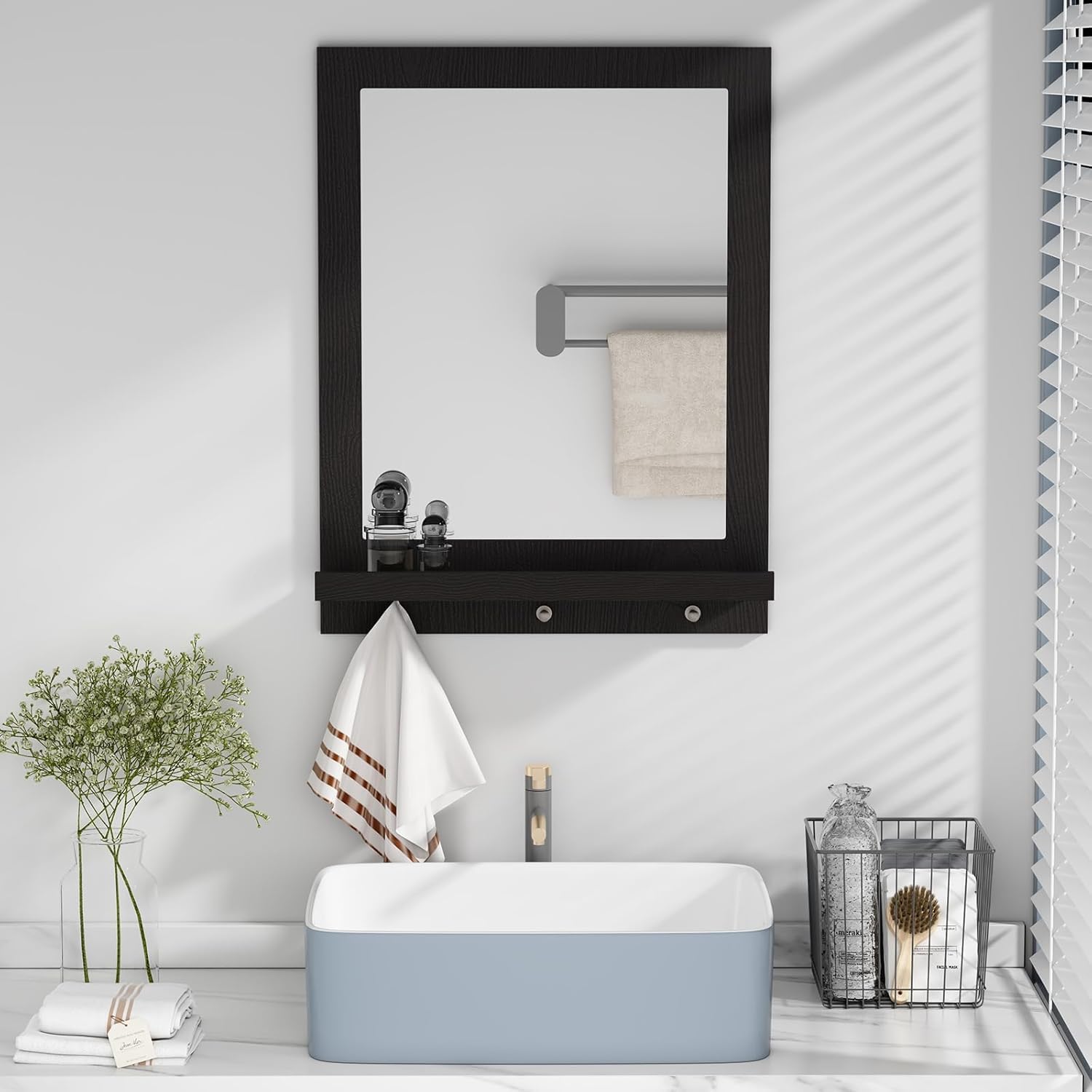 ARTPOWER 24" x 18.5'' Wood Wall Mirror with Shelf, Rectangular Hallway Mirror with Hooks, Hanging Wall Mirrors for Bathroom, Bedroom, Entryway, Living Room, Black