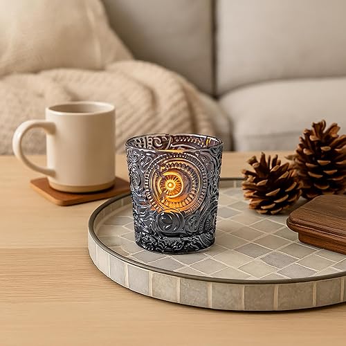 6 Pack Sun Moon Star Embossed Glass Tea Light Candle Holders - Votive Candle Holders for Wedding, Party, Home Decor, and Table Centerpieces (Gray)