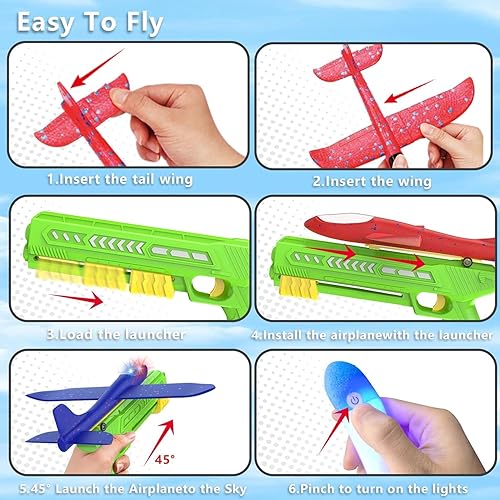 Miniatura 6 de le-idea Paquete de 4 lanzadores de aviones de espuma para niños, avión de espuma LED para niños con 2 lanzadores, 2 modos de vuelo, juguetes