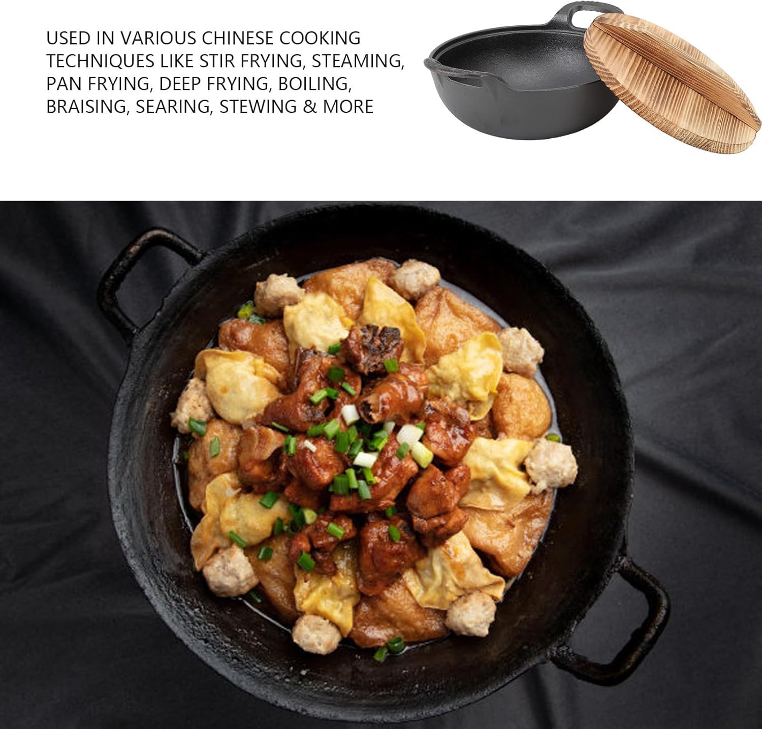 TeamSky Wok Wok wok antiadherente de hierro fundido con tapa, sartén con parte inferior plana, utensilios de cocina tradicionales pequeños y resistentes sin revestimiento con asas integrales dobles