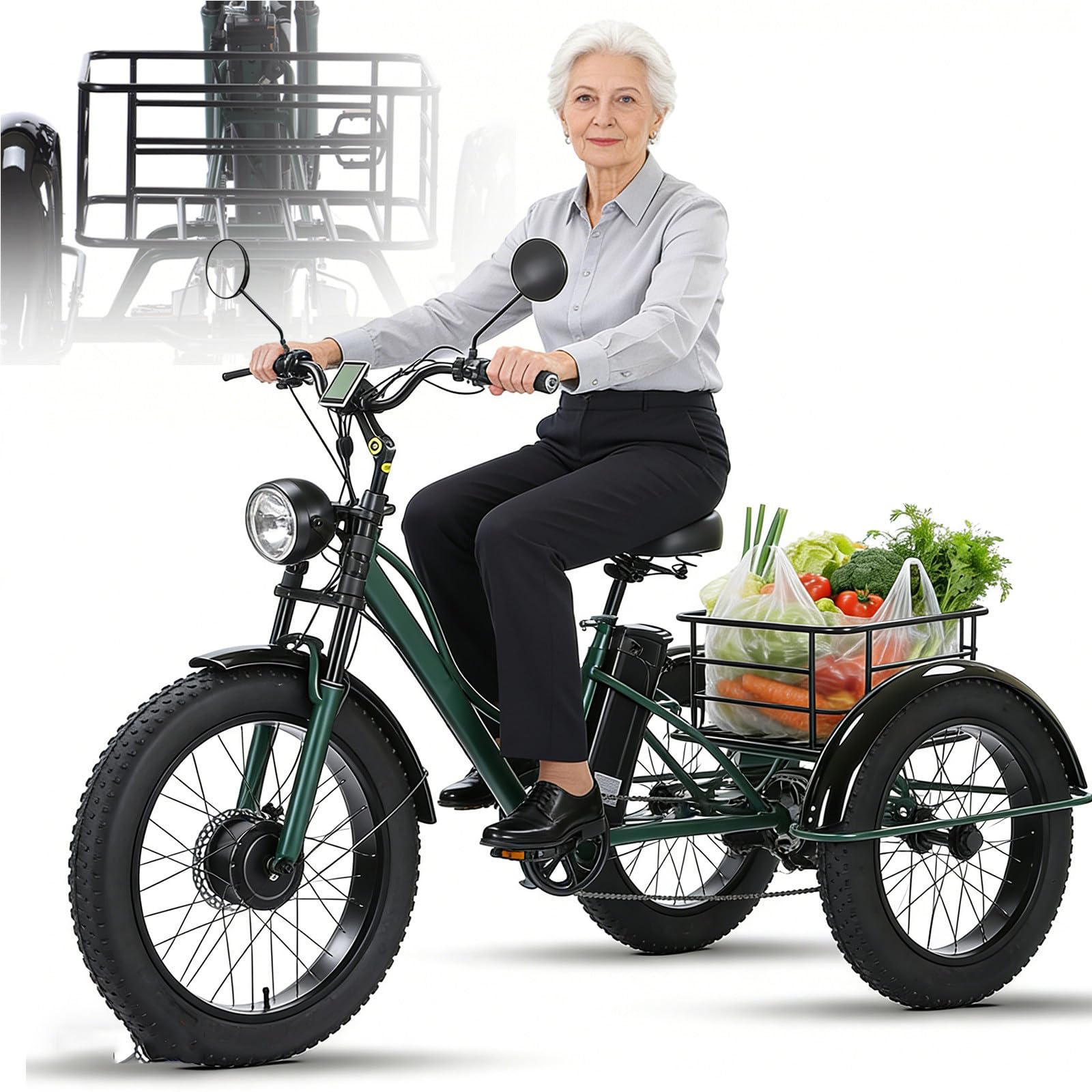 Bicicleta Eléctrica De 3 Ruedas De 24 Pulgadas Carga De 200 Kg Altura Ajustable Cesta Trasera para Padres Scooter para Hacer Ejercicio Y Hacer Compras para Personas Mayores Green