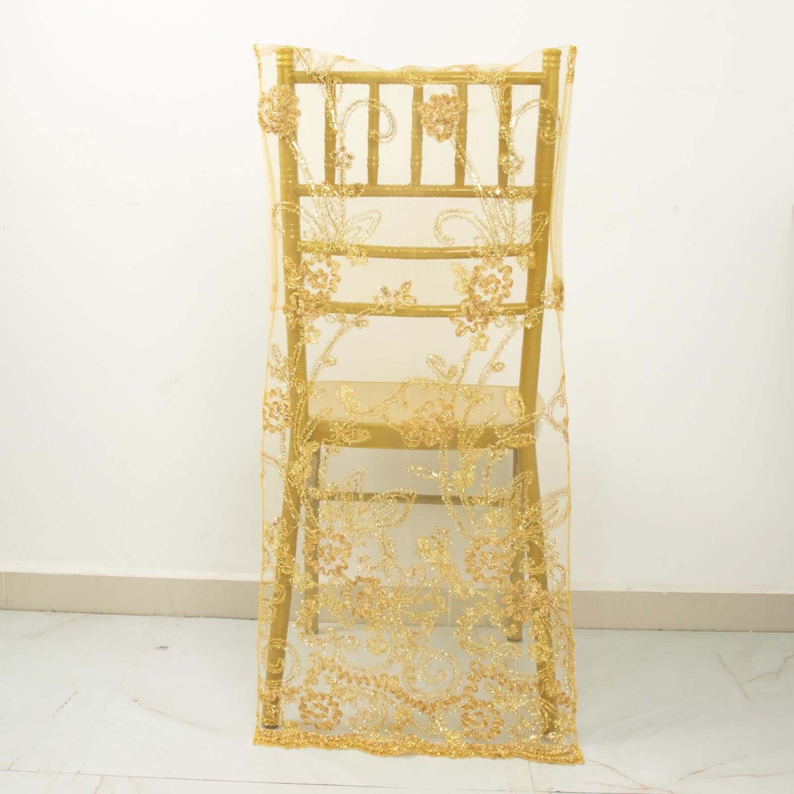 Efavormart.com Gold Organza Floral Sequin Embroidered Wedding Chiavari Slipcover, Wedding Chair Back Lace Cover