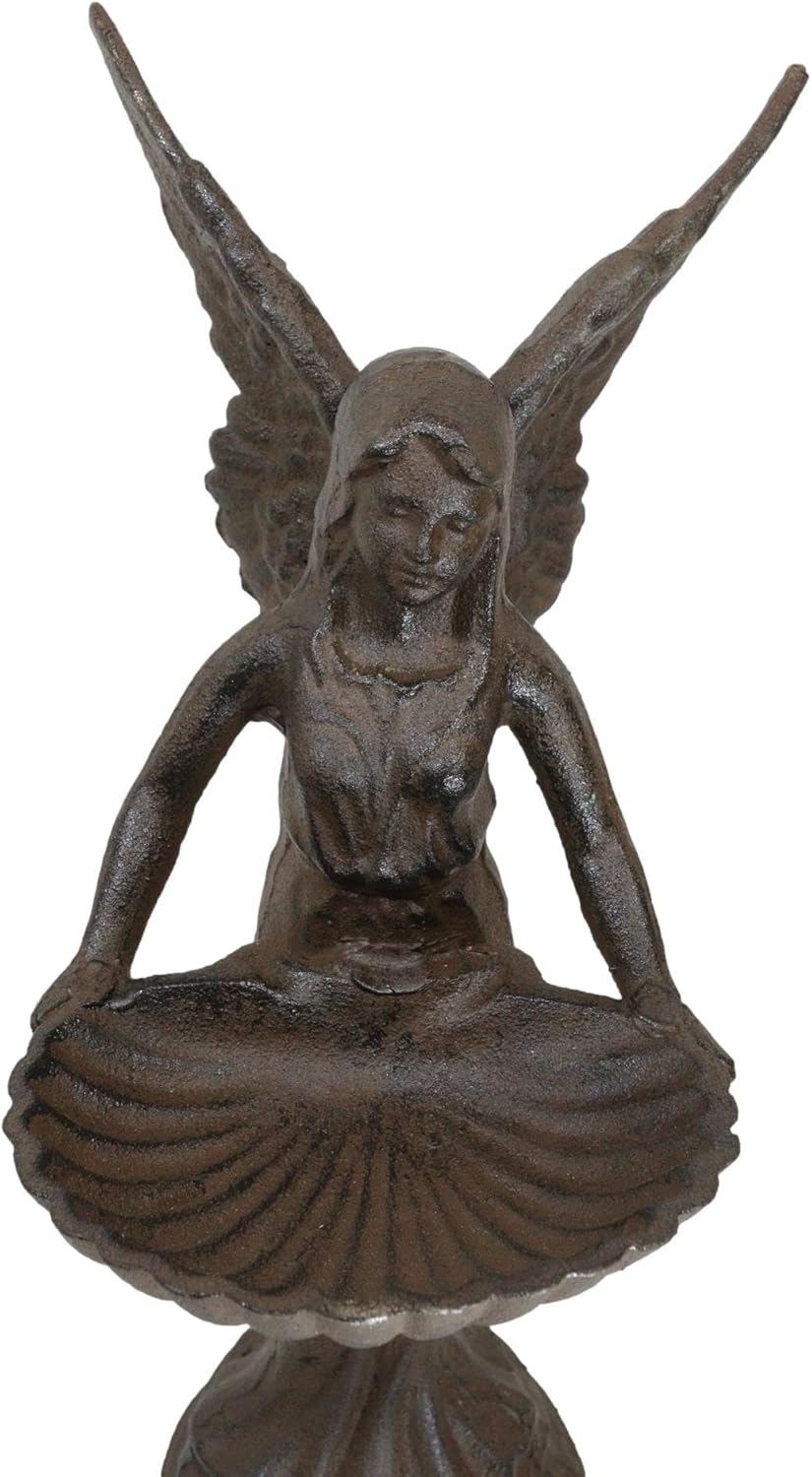 Ebros Gift 15" Tall Cast Wrought Iron Metal Rustic Garden Gabriel Angel Holding Shell Bird Feeder Or Bath Sculpture for Lawn Pool Patio Outdoors Decor