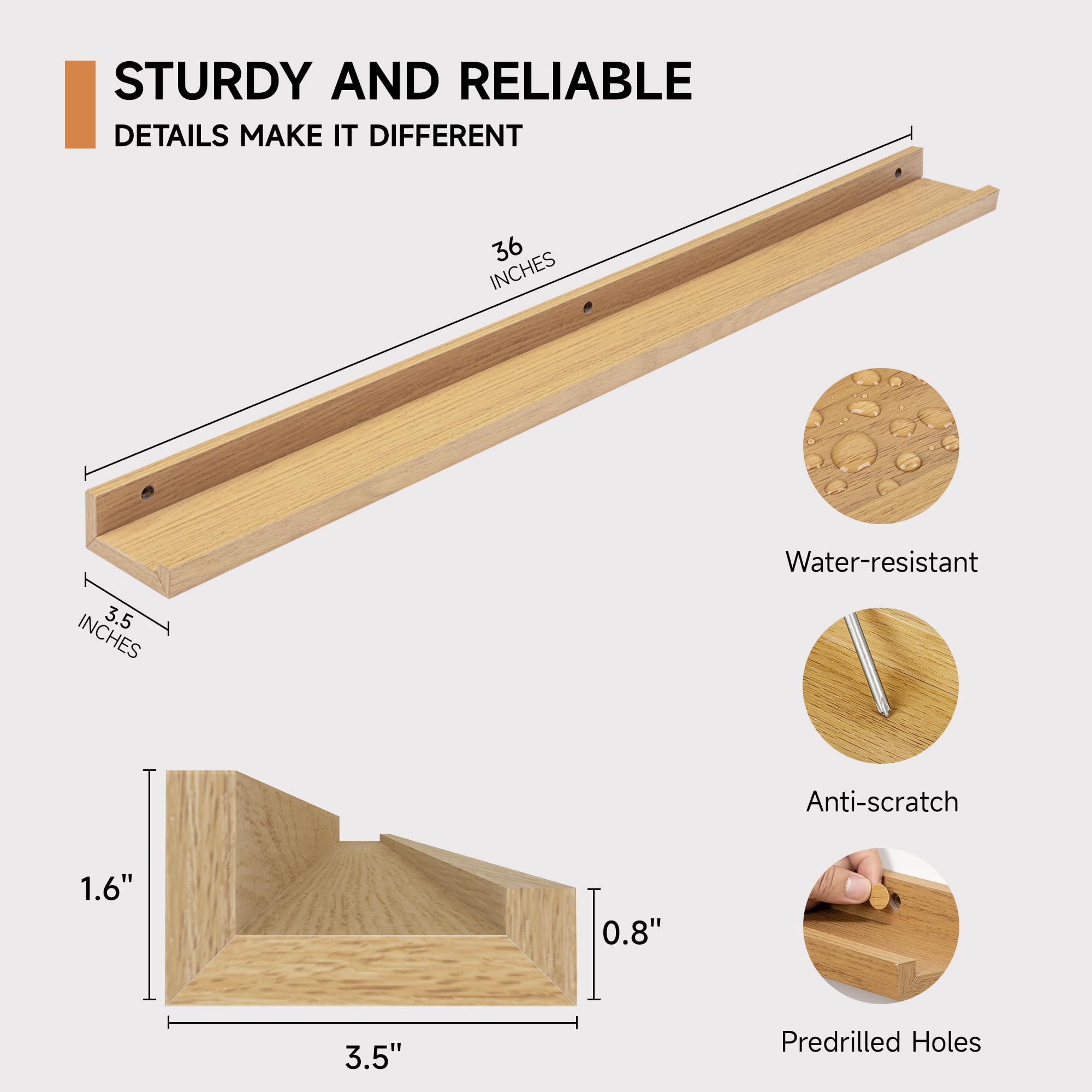 Fun Memories Bilder-Ledge-Regal, 91,4 cm, schwebende Regale, 2er-Set, Kinder-Bücherregale für Spielzeug, Kinder-Bücherregal, Wandmontage, für Wanddekoration, Bücher, Bilderrahmen, Eiche