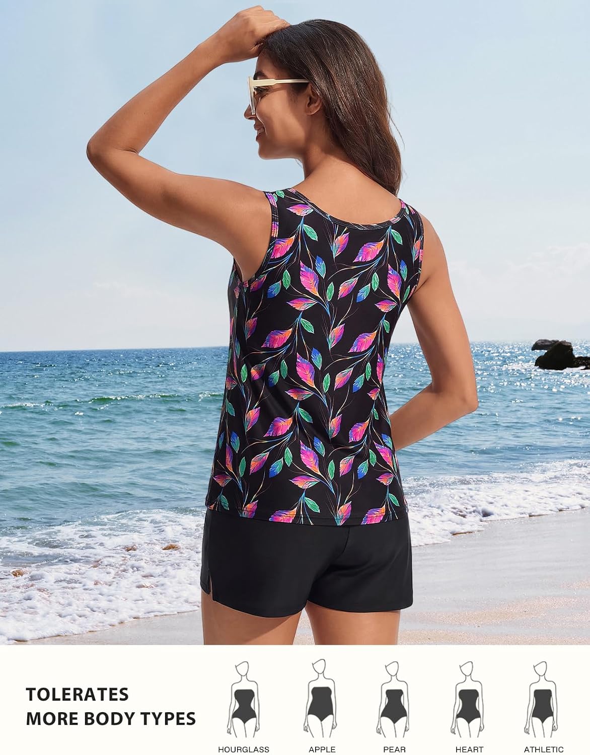 Hanna Nikole Women 2 Piece Tankini Swimsuits, Modest Bathing Suit, Beads V Neck Swimwear with Sporty Swim Shorts Pockets