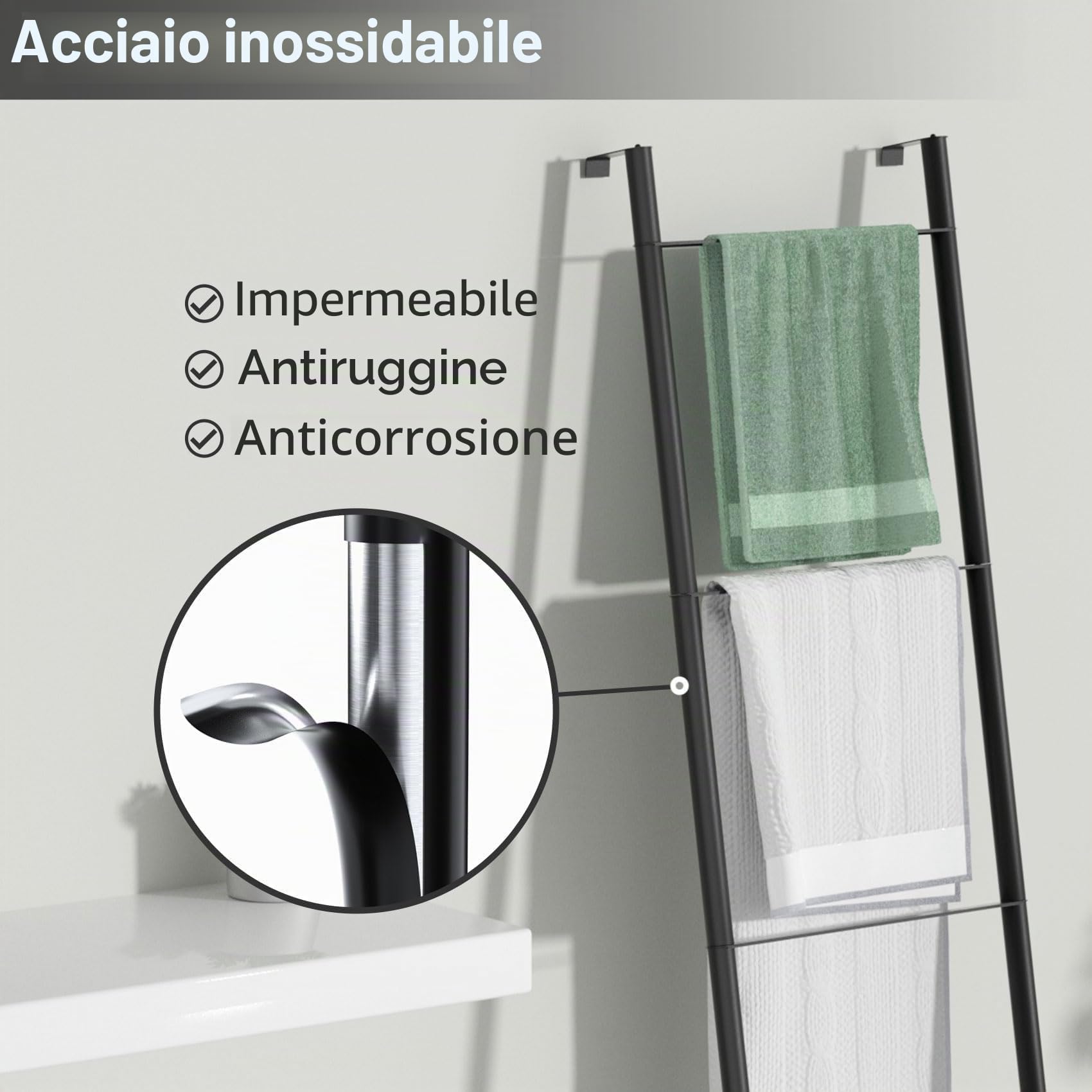 pickpiff Scala in metallo nero, autoportante, da parete, per bagno, soggiorno, cucina, supporto per asciugamani, coperte, coperte (4 ripiani, nero)