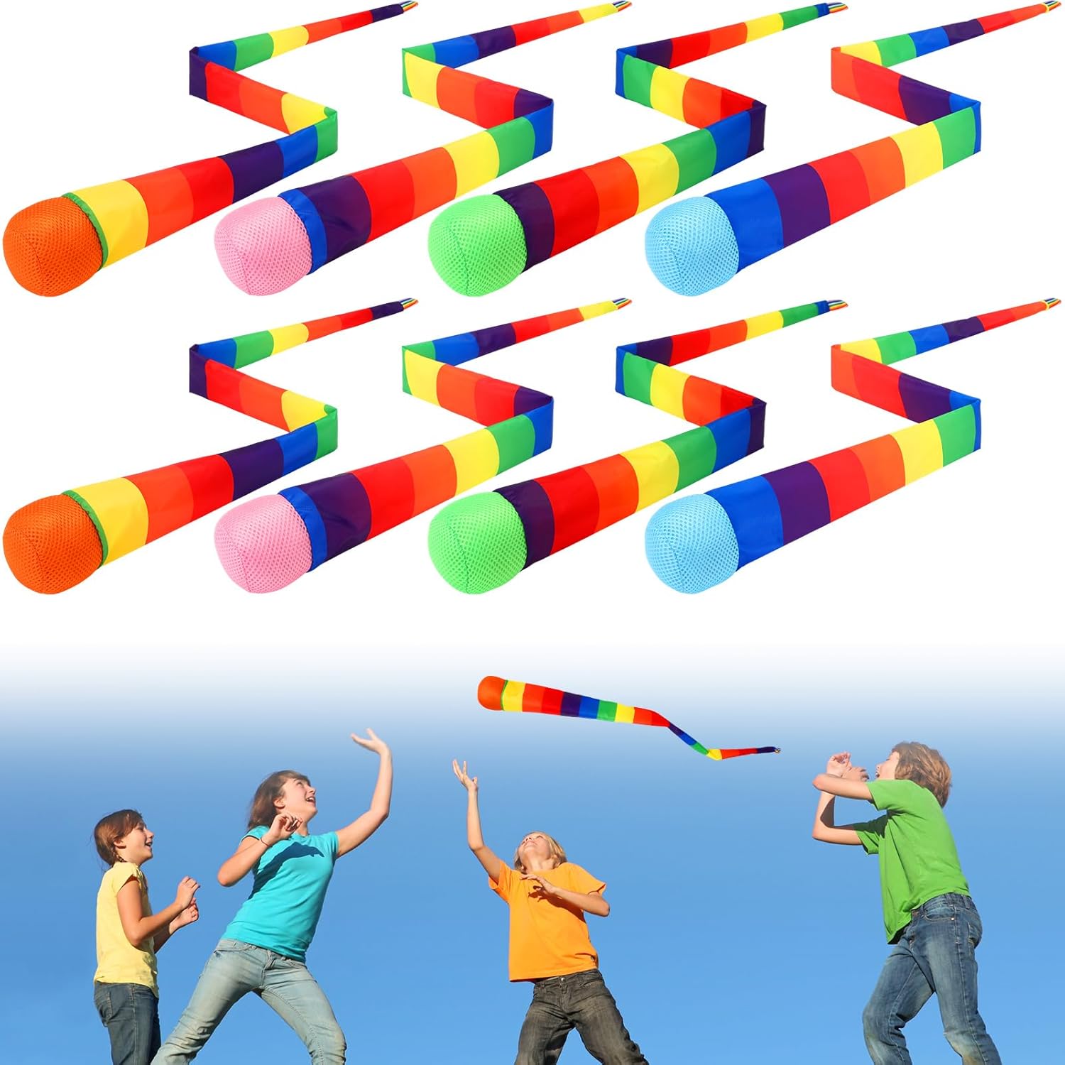 Leyndo 35 Inch 8 Pcs Throw and Catch Balls with Rainbow Tail, Fun Colorful Sports Comet Balls Playground Toys for School Classroom Beach Outdoor Camping Healthy and Fun Games (Multi Color)