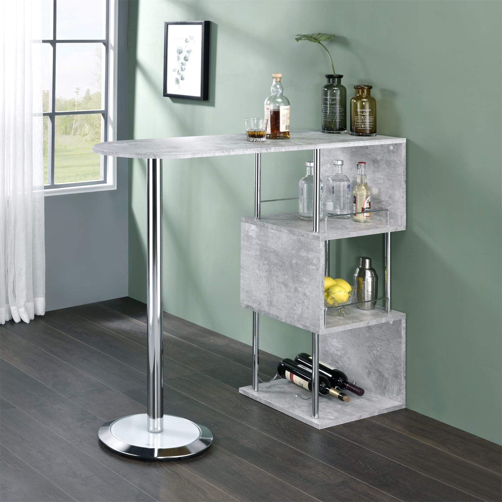Idimex – Table haute de bar avec 3 étagères latérales – Noir mat – Panneaux MDF 18mm – Socle en verre trempé 34cm – Design original en S