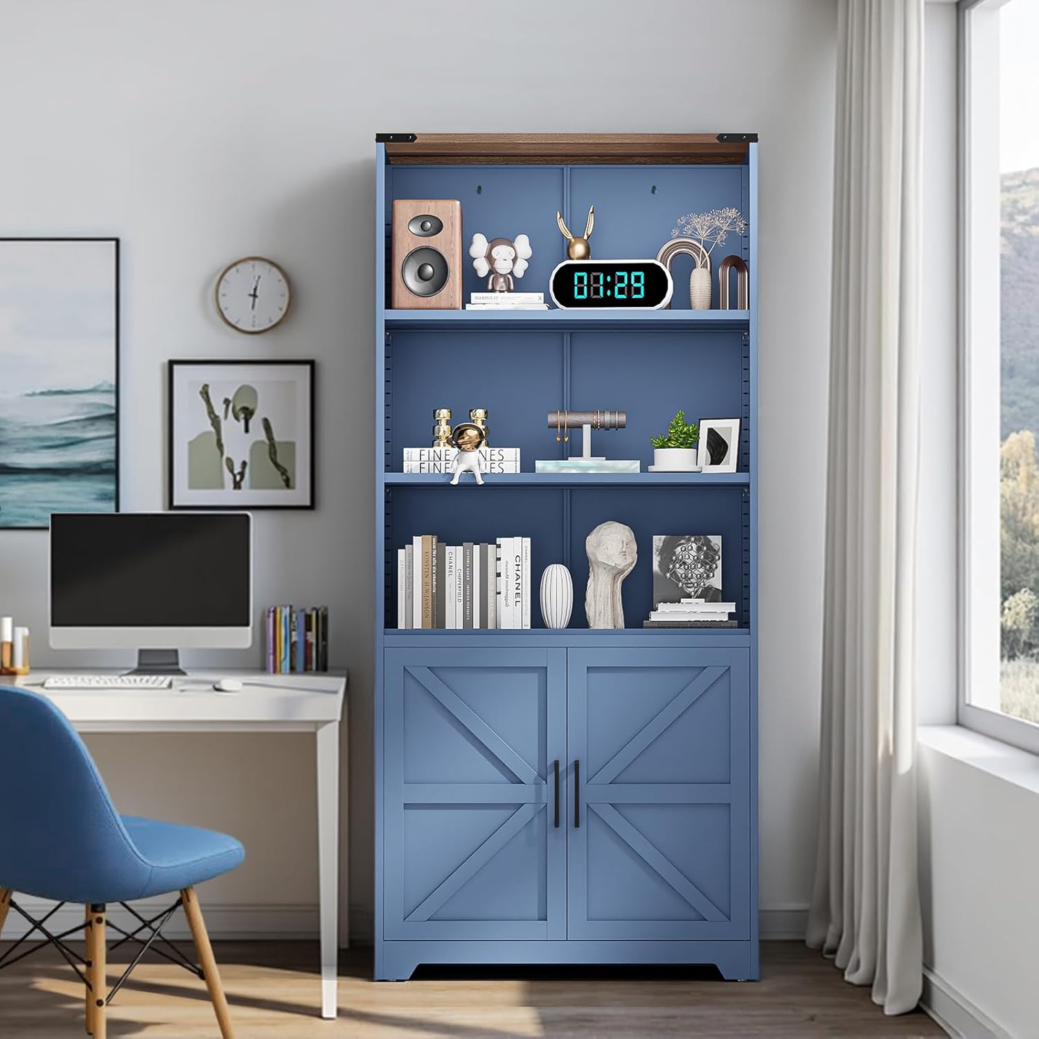 VINGLI Blue Bookcase with Doors and Adjustable Shelves, Steel 70" Tall Bookshelf Display Cabinet, 6-Tier Tall Farmhouse Metal Storage Cabinet for Study, Living Room, Home Office, Kitchen Pantry