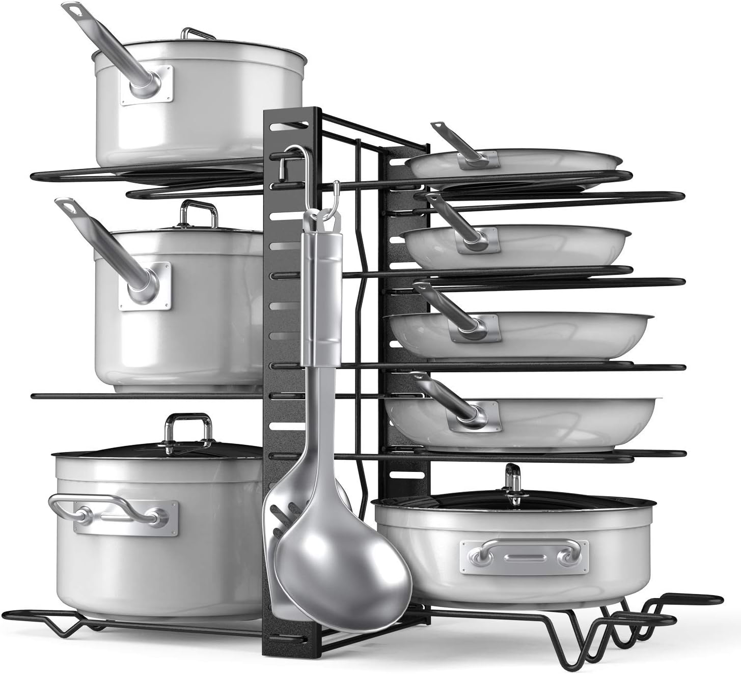 Devan Pots and Pans Organizer Adjustable 8+ Pots and Pans Oragnizer, Kitchen Counter and Cabinet Pot Lid Holder with 3 DIY Methods (6 Hooks Included)