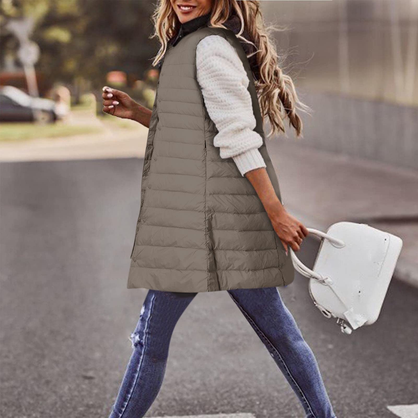 Generisch Giubbotto invernale lungo da donna, piumino sottile e leggero, casual, vestibilità aderente, giacca trapuntata per le mezze stagioni, gilet versatile con pratiche tasche (cachi, M)