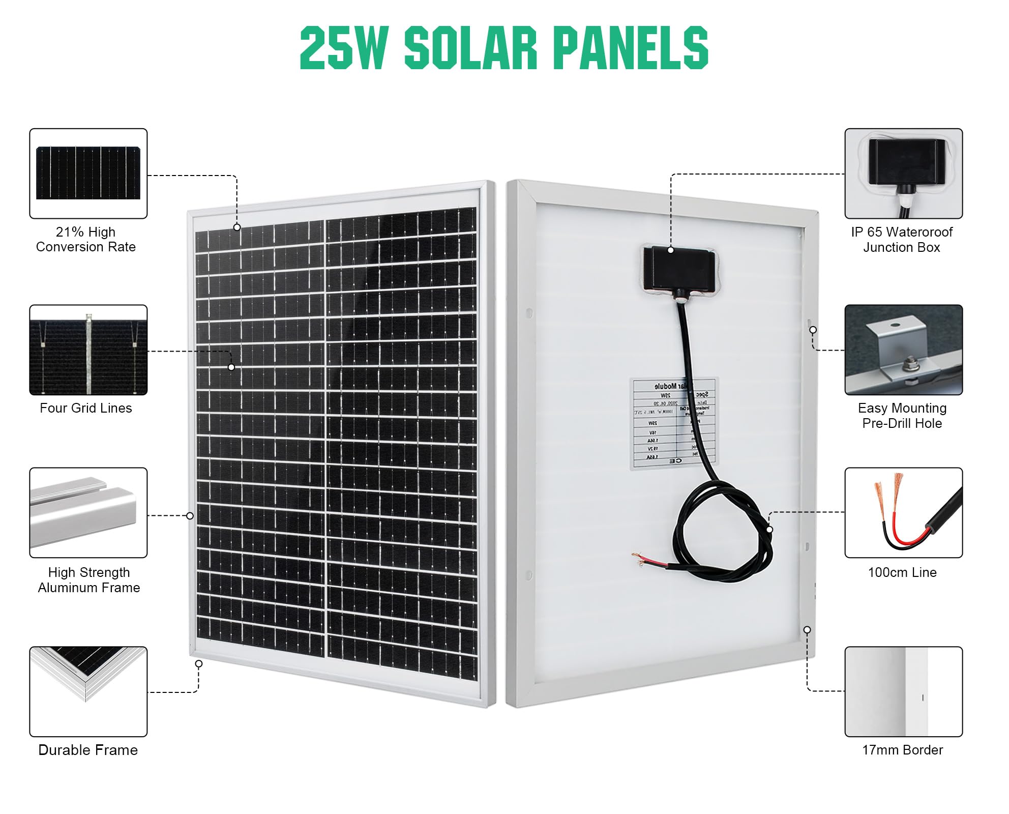 ECO-WORTHY Panneau Solaire 25W 12V étanche IP65 pour voiture, camionnette, bateau, camping, voyage
