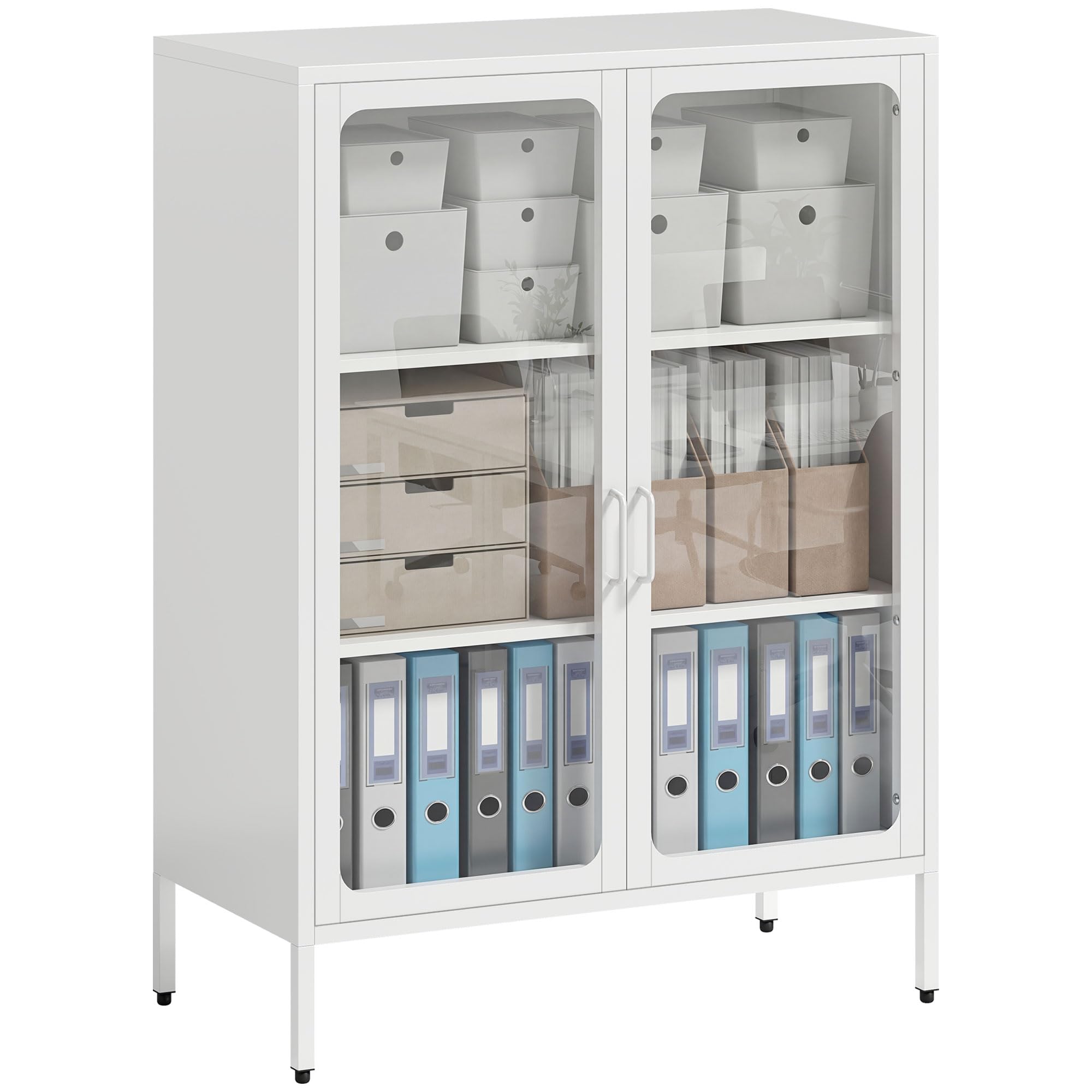 HOMCOM Armadio Portadocumenti in Acciaio a 2 Ante in Vetro Temperato, Schedario da Ufficio con Ripiani Regolabili, Mobiletto Multiuso Portaoggetti, per Ufficio Studio Casa, 80x40x110 cm, Bianco