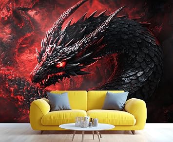 Red Dragon Wall Mural, Evil Dragon Bar Wallpaper, Demon Wyrm 3D Waterproof Accent Wallpaper for Coffee Shop Restaurant Lounge Diner Non-self-Adhesive