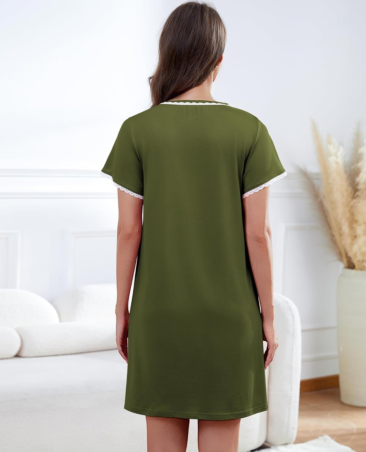 Womens Nightgown V Neck Pleated Sleepwear Short Sleeve Lace Trim Nightshirt Boyfriend Sleepdress - Image 7