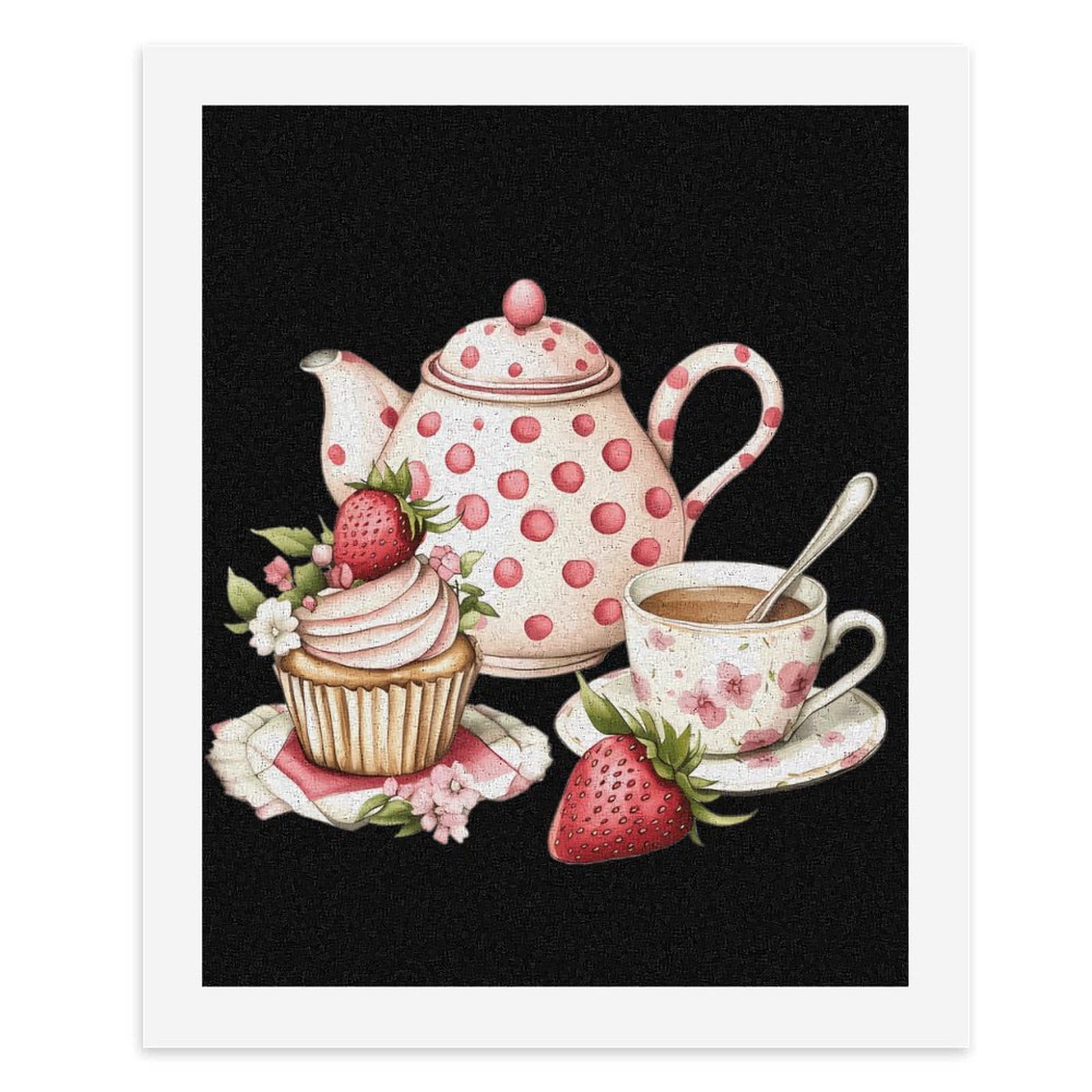 Nachmittag Teekanne Tasse Erdbeere Cupcake Lustiges Malen nach Zahlen Kit für Erwachsene Vertikal Baumwolle Digital Ölgemälde Wanddekoration Haus Geschenk 75x60cm