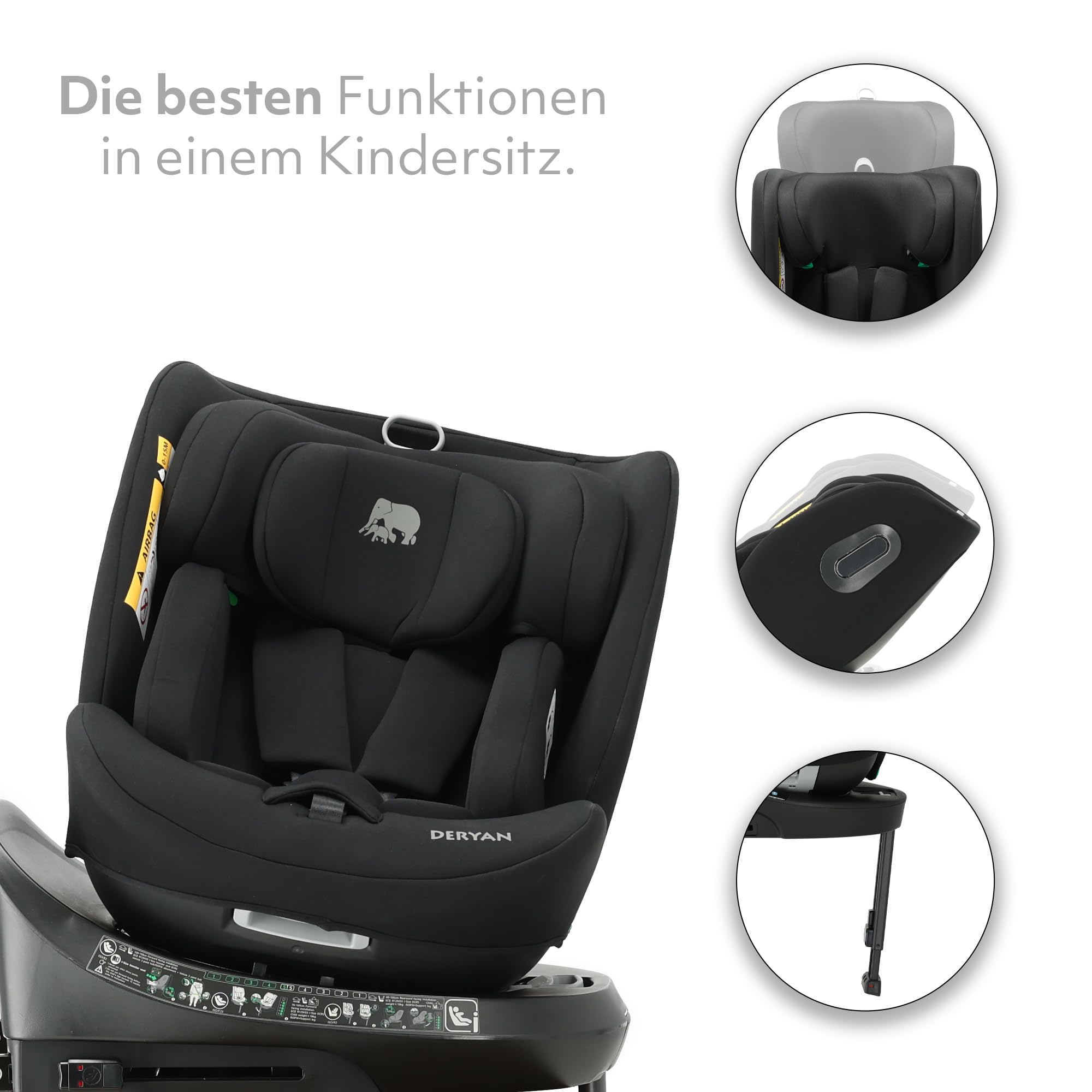 Deryan Carly 360° i-Size Kindersitz 40-150 cm, Drehbarer Autositz 0 bis 12 Jahre (0–36 kg) mit ISOFIX, Liegefunktion & Stützfuß, Gruppe 0+/1/2/3, ECE R129, Autokindersitz mit Gurtbefestigun (Schwarz)
