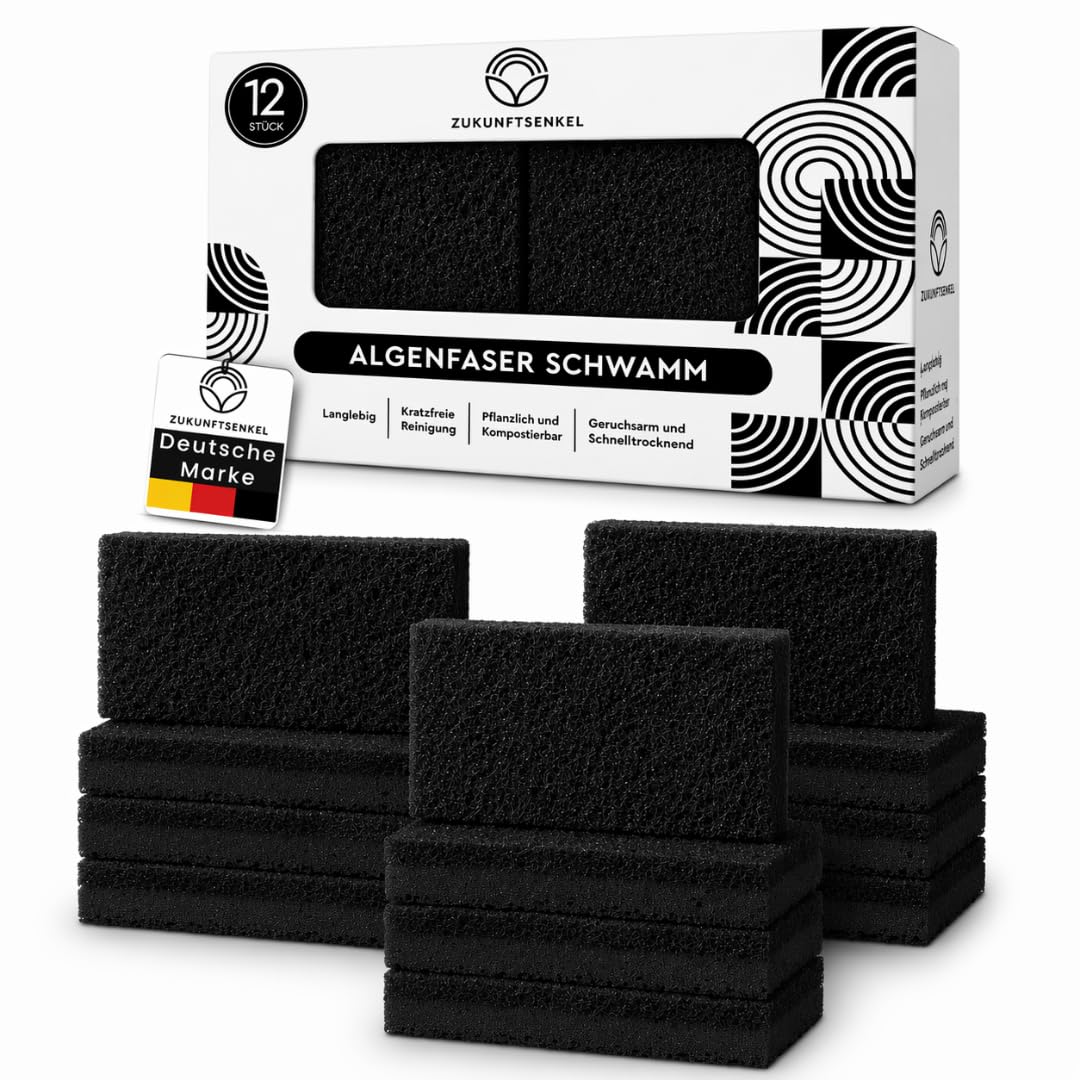Schwarze Spülschwämme Nachhaltig 12er Pack Schwämme– Biologisch Abbaubare Küchenschwämme aus Algenfaser – Plastikfrei, Kratzfrei & Umweltfreundlich – Naturschwamm für Moderne Küchen (12, Schwarz)