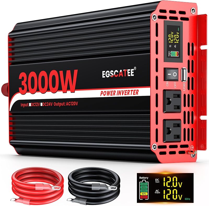 3000W Power Inverter 12V DC to 110V/120V AC with LCD Display for Vehicles | 6000W Peak,2 AC Outlets, 3.1A USB Port, Car Converter with for RV,Truck,Camping,Travel,Off Grid Solar System, Emergency Use