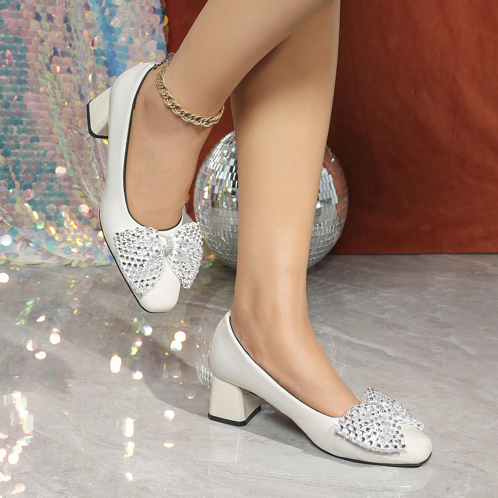 Décolleté Formali da Donna con Fiocco in Strass e Punta Quadrata | Décolleté con tacco a blocco stabile da 6 cm per matrimoni, ricevimenti e feste