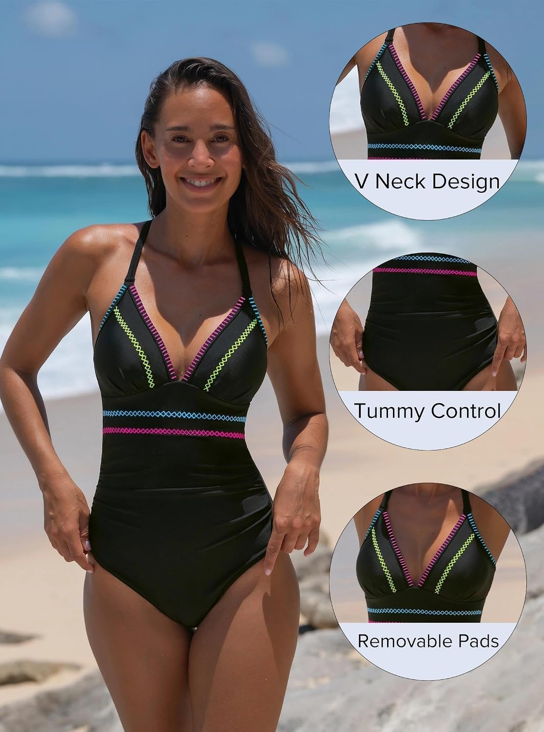 popvil Women’s Tummy Control One Piece Swimsuit 2026 Flattering Slimming Bathing Suit with Ruched Shapewear, Modest Swimwear