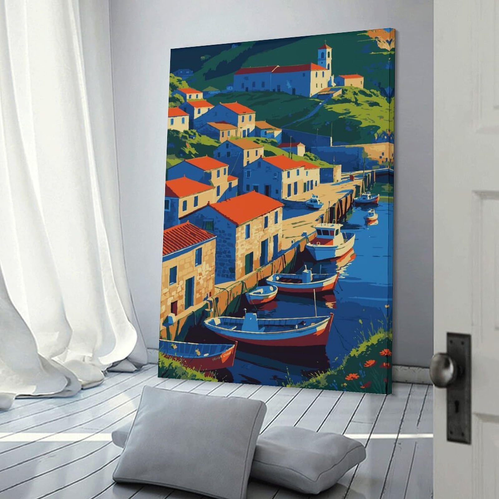 Junmoney Decorative Wall Artwork Coastal Village with Boats And Red Roofs, 16x24inch(40x60cm), for Lounge, Bedroom Or Personal Spaces, Gift Idea for Housewarming And Birthdays