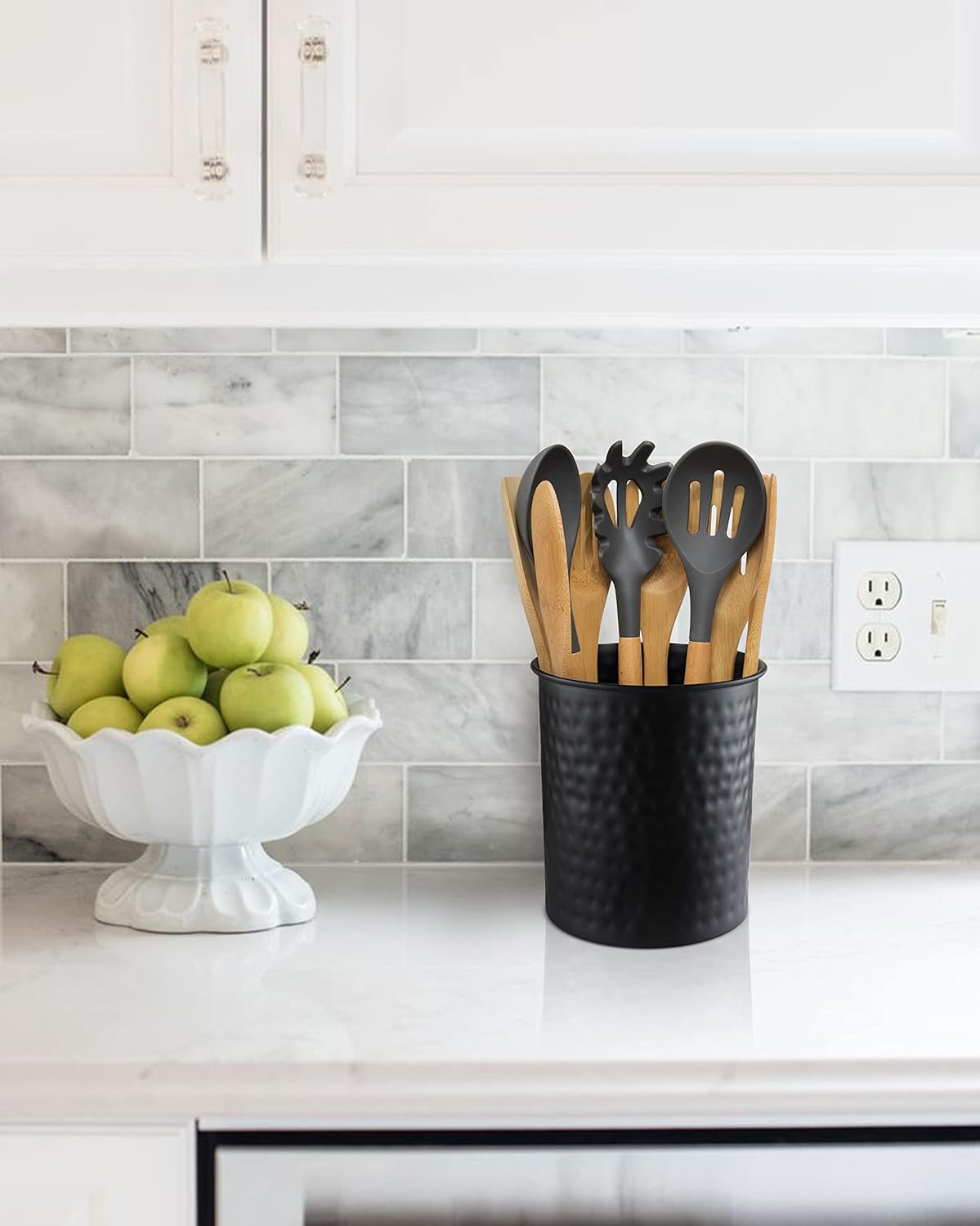 Monarch Abode Kitchen Utensil Holder – Hand Hammered Metal Black Utensil Holder, Decorative Utensil Crock for Kitchen Counter, Cooking Tool and Spatula Holder for Countertop, Caddy Organizer