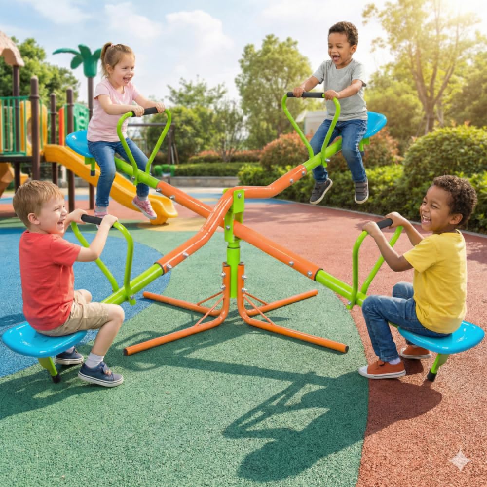 Außen-Spielplatz-Wippe mit Vier Sitzplätzen für Kinder - 360-Grad-drehbare Kunststoffwippe ab 3 Jahren