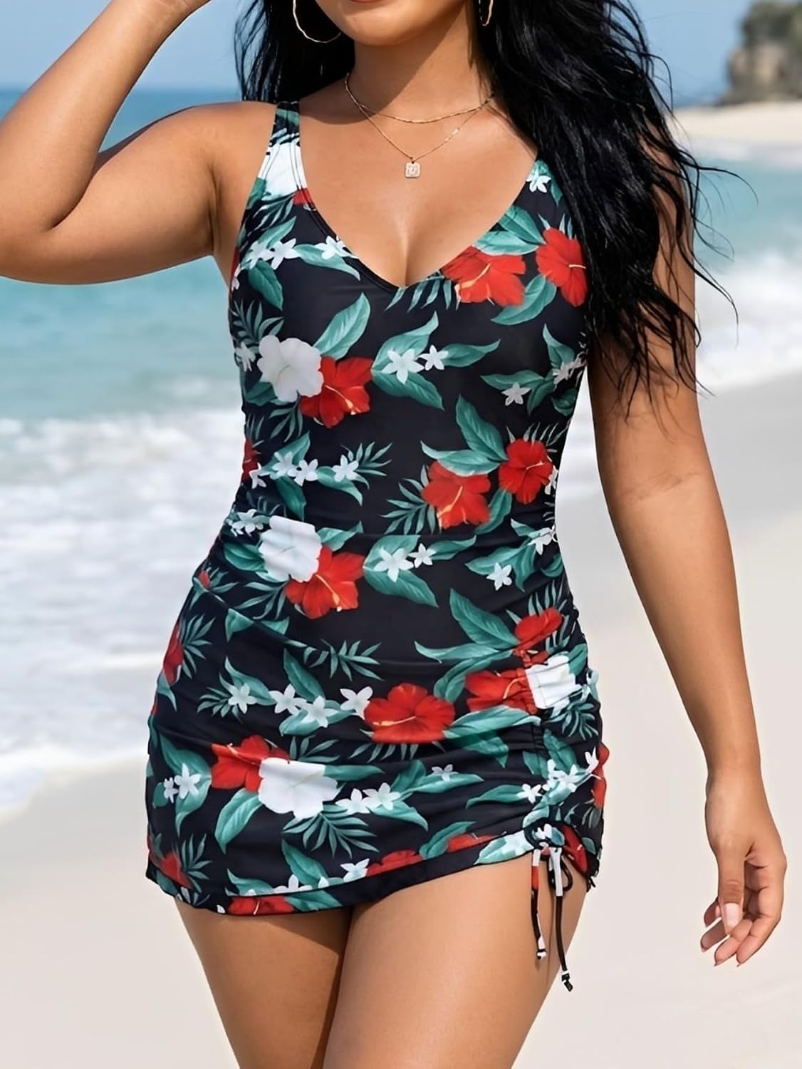 B2prity Women's One Piece Swimdress Tummy Control Ruched Swimsuit V Neck Modest Bathing Suit with Full Coverage Skirt