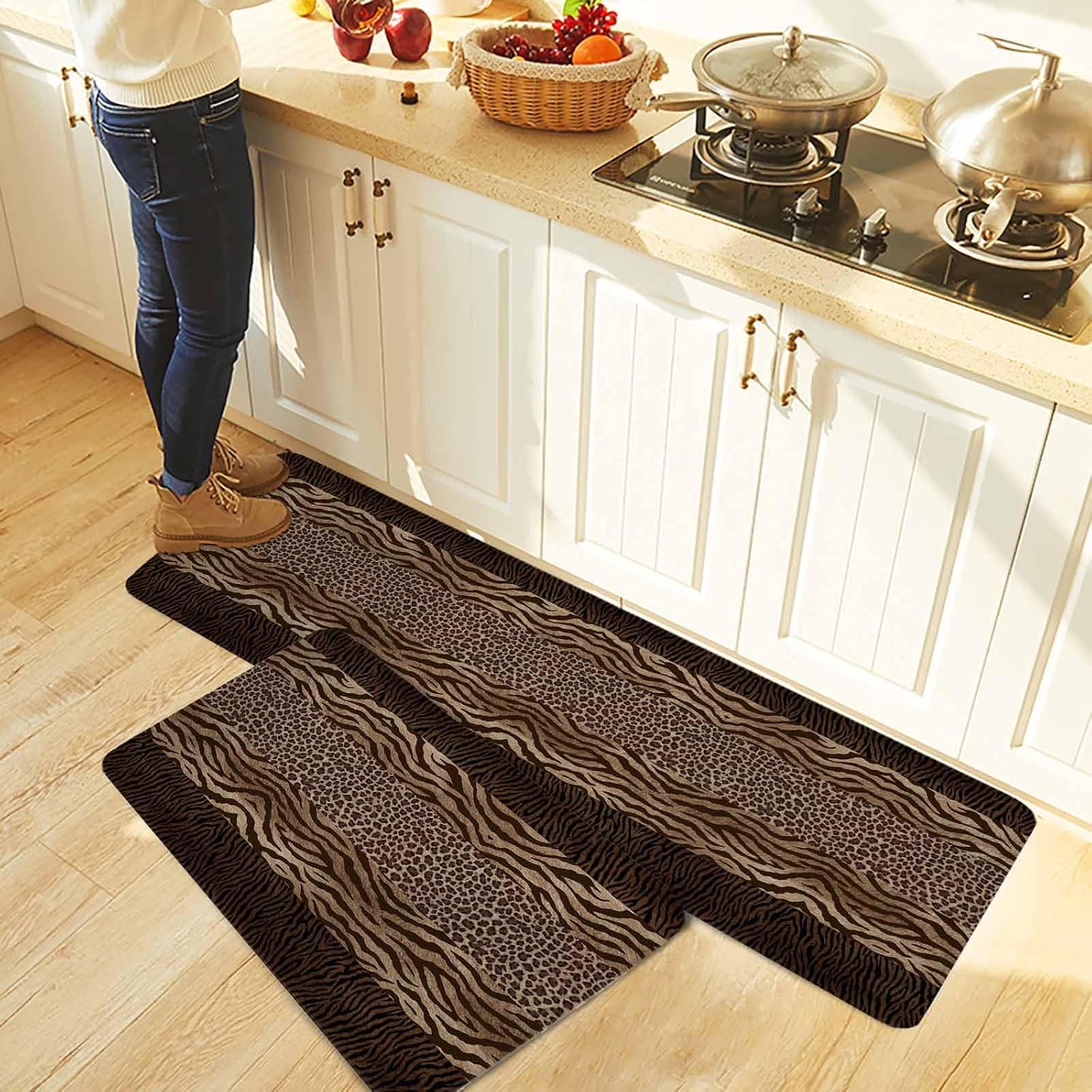 Leopard Zebra Print Kitchen Rugs and Mats Set of 2, Non-Slip Kitchen Sink Mat, Vintage Animal Skin Striped Brown Washable Doormat Bathroom Rugs Runner for Bedroom/Living Room 17.7"x30"+17.7"x59"