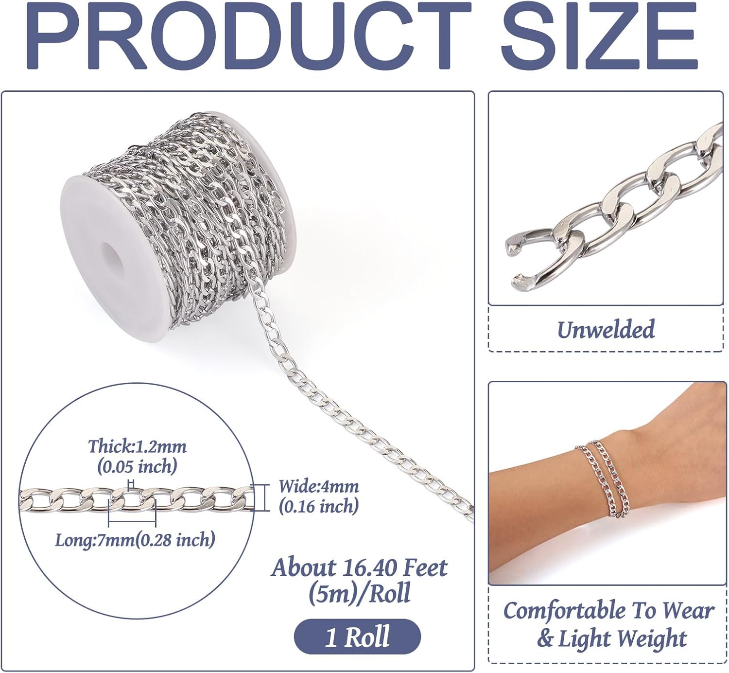 Beadthoven 16.4 Feet Aluminum Curb Chains 4mm Wide Silver Twisted Links Oval Cross Curb Chains Unwelded Metal Craft Chain Link Spool for Jewelry Making Bracelet DIY Necklace Chains Findings - Image 2