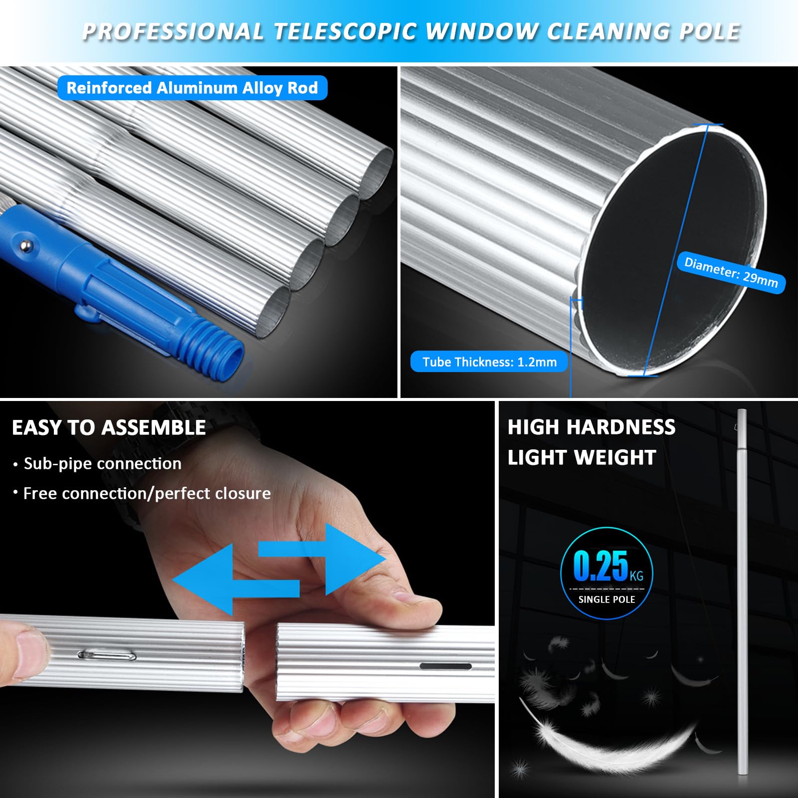 Kit de limpiador de ventanas telescópico extensible, cabezal de cepillo ajustable y poste de extensión de 3 a 12 m para una limpieza eficiente de ventanas, lavado de paneles solares, mantenimiento de