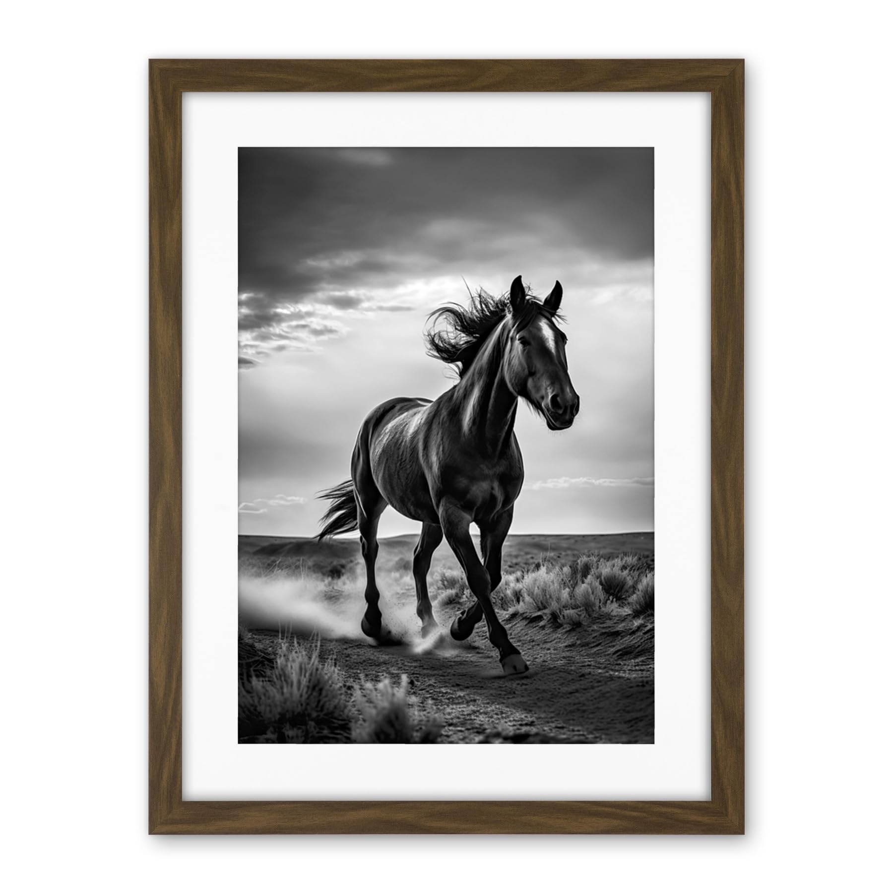 Artery8 Horse Galloping Desert Landscape Black and White Artwork Framed Wall Art Print 18X24 Inch