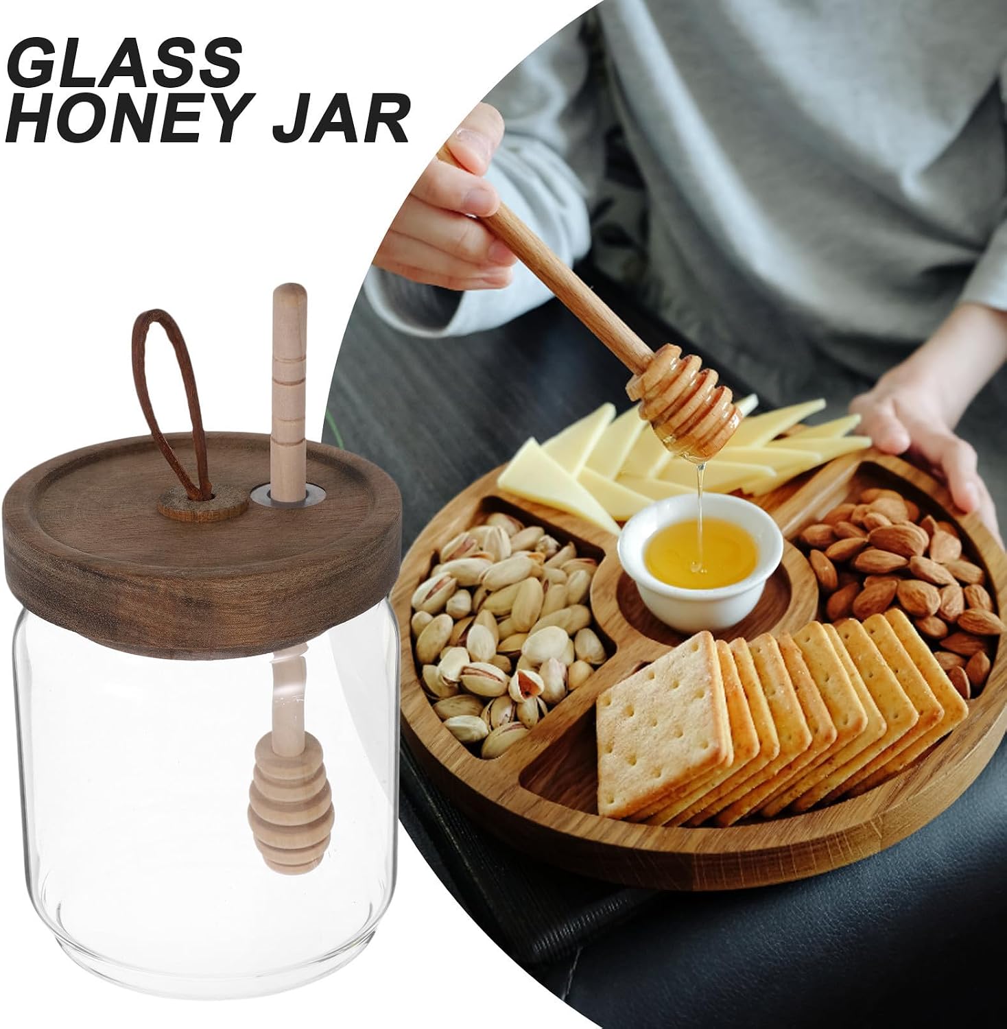 Honey Jar Glass with Wooden Lid and Dipper, Airtight Storage