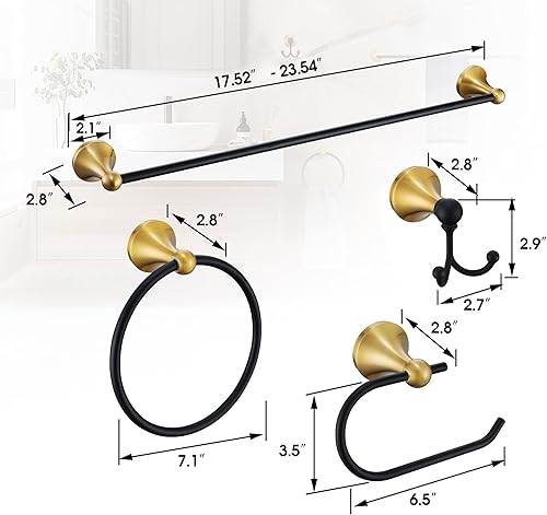 Miniatura 7 de Juego de accesorios de baño dorados y negros, 4 piezas de accesorios de baño negros y dorados, barra de toalla de acero inoxidable de 23.6 pulgadas,