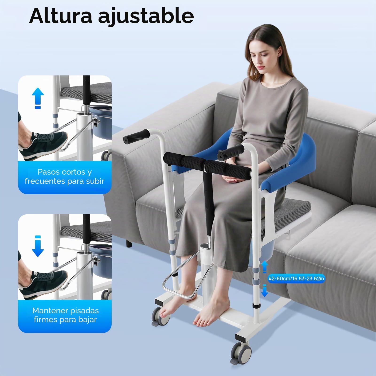 Silla de ruedas hidráulica para pacientes, elevador de pacientes, silla de inodoro ajustable en altura con cómodo reposapiés, cubo de ABS y respaldo plegable de 180° para personas mayores, embarazadas