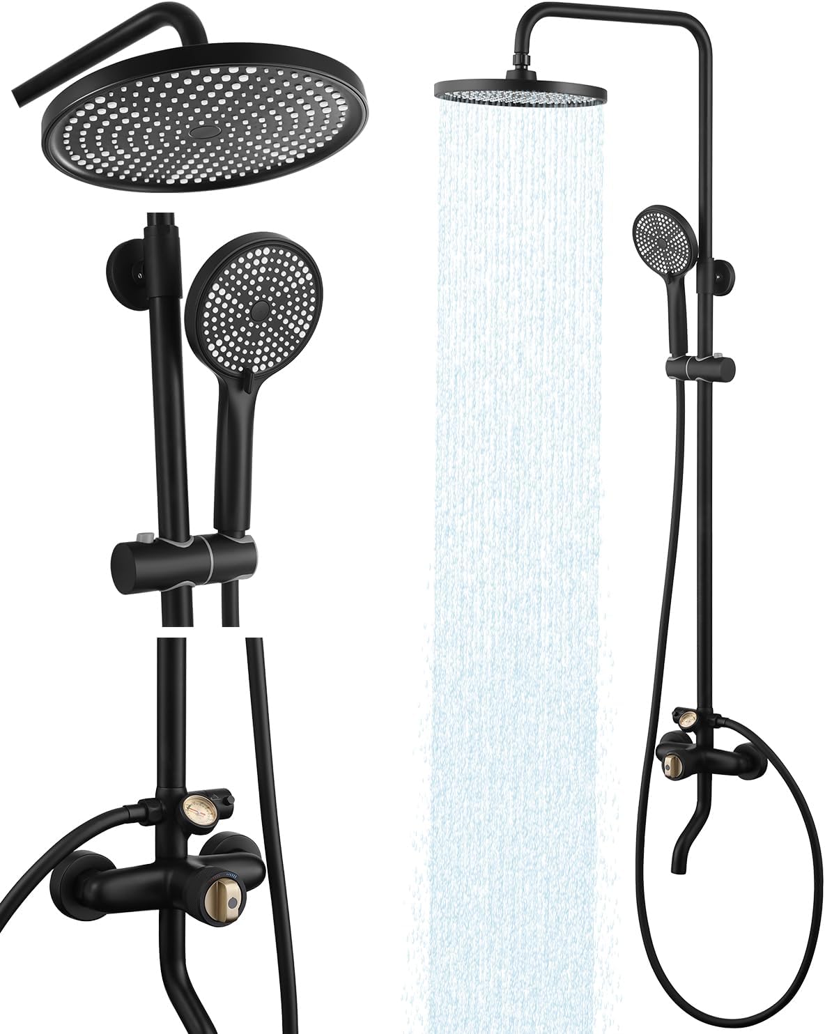 Thermostatic Shower System Matte Black, 3 Functions Handle Tub Rainfall Shower Faucet Sets with Dial Thermometer Brass Valve, Exposed Shower System with 10'' Rainfall Head(DOE:RLD-03B)