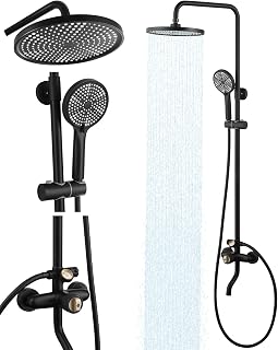 Thermostatic Shower System Matte Black, 3 Functions Handle Tub Rainfall Shower Faucet Sets with Dial Thermometer Brass Valve, Exposed Shower System with 10'' Rainfall Head(DOE:RLD-03B)