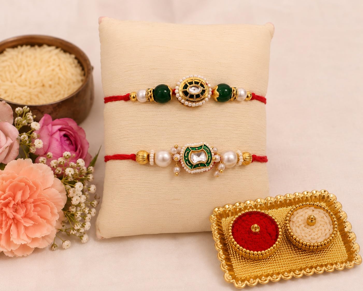 Skylofts Set of 2 Peal Bracelet Kundan Rakhi for Bhaiya Rakhi Set for Brother Bhai with Roli Chawal & Card Rakshabandhan Gifts for Brother-image-23
